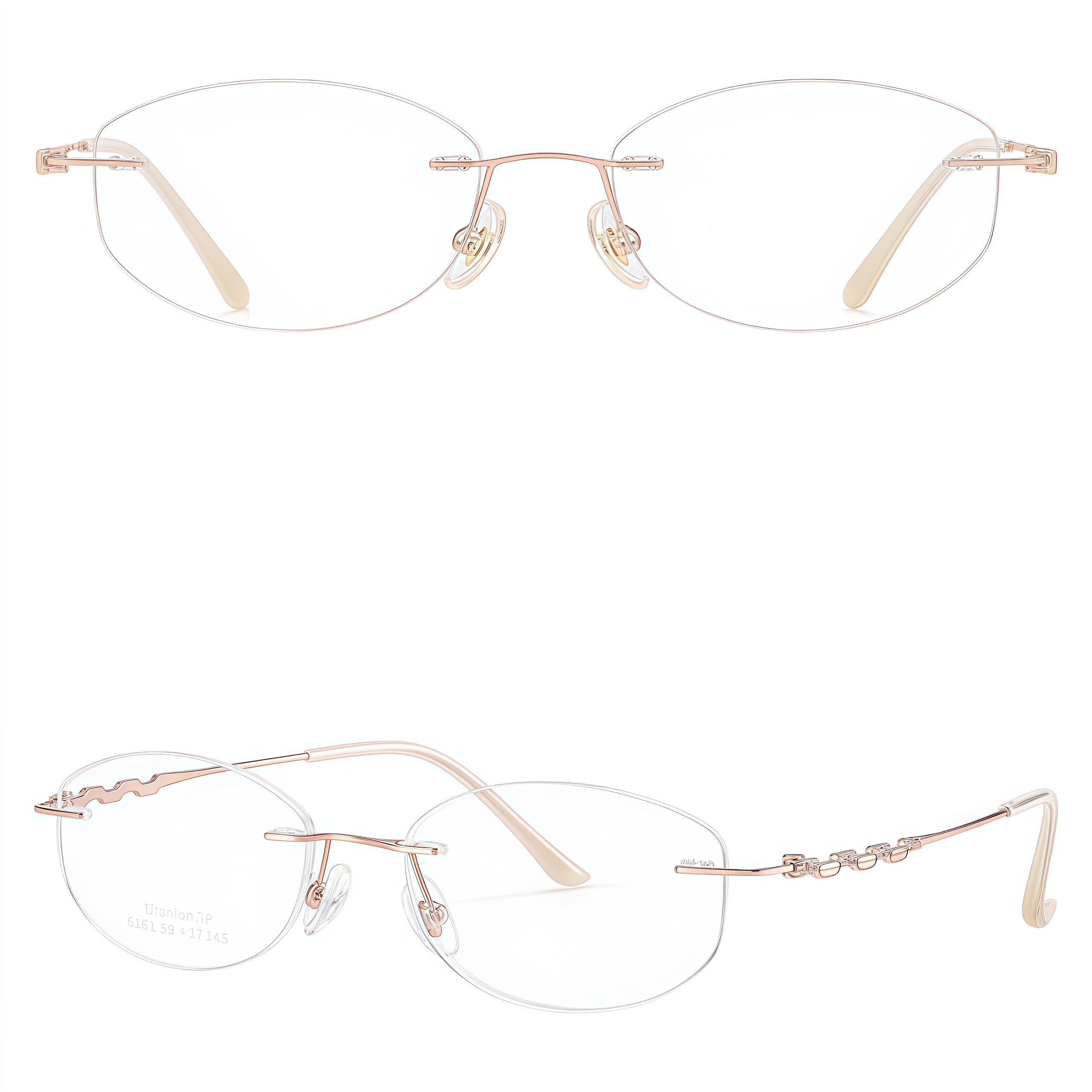 Rose Gold women's pure titanium rimless soft rectangular glasses, supplier front and three-quarter views
