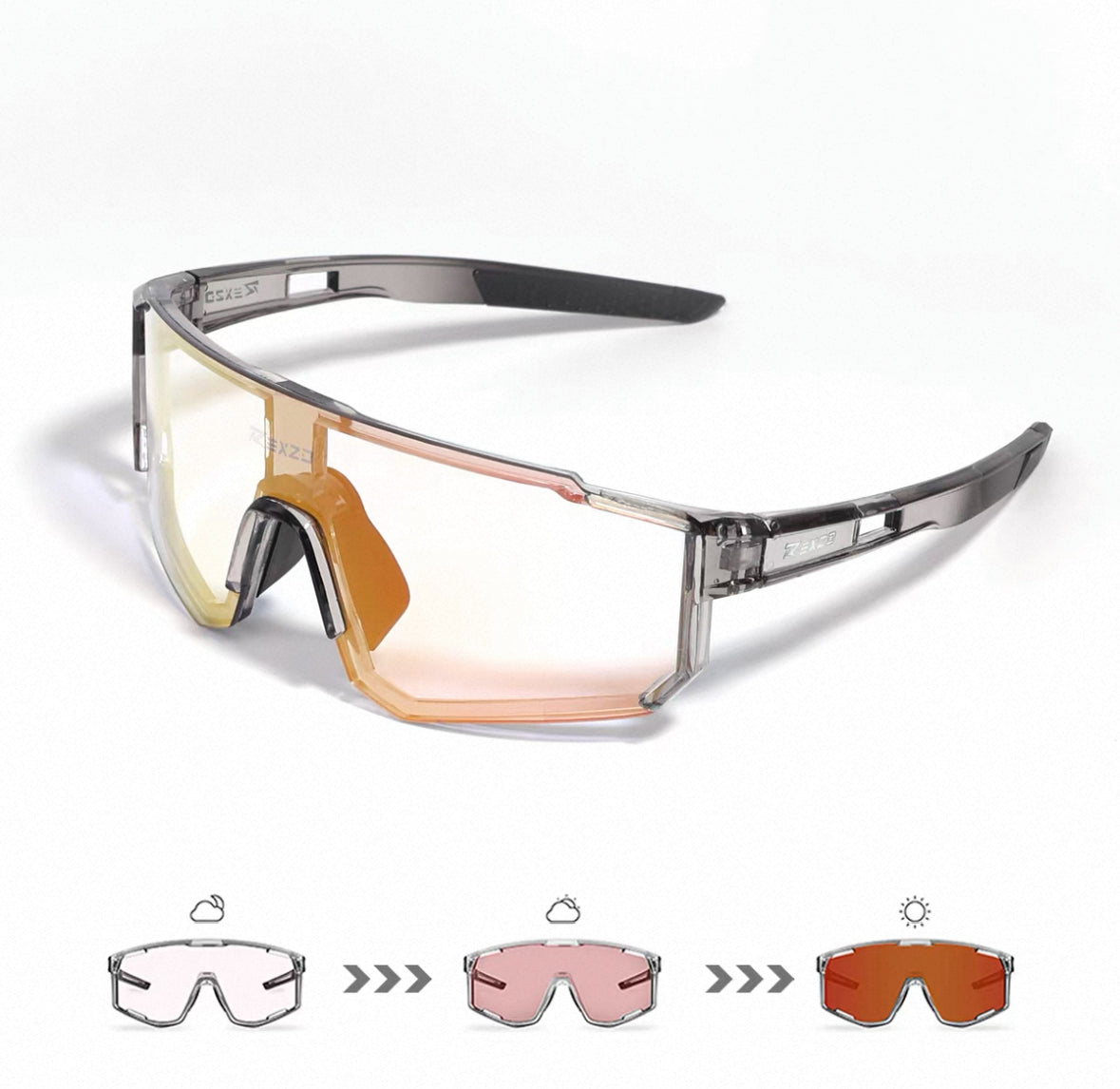 Crystal Grey Frame/Photochromic Red Lens front and 45-degree product views of Wraparound Windproof Dustproof Sports Sunglasse