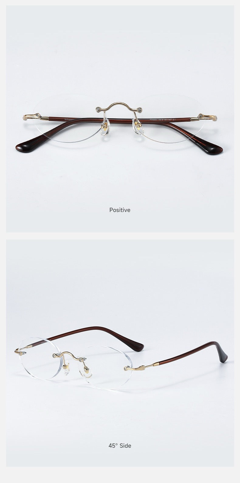 Gold/Tortoise unisex rectangular titanium rimless glasses, product view