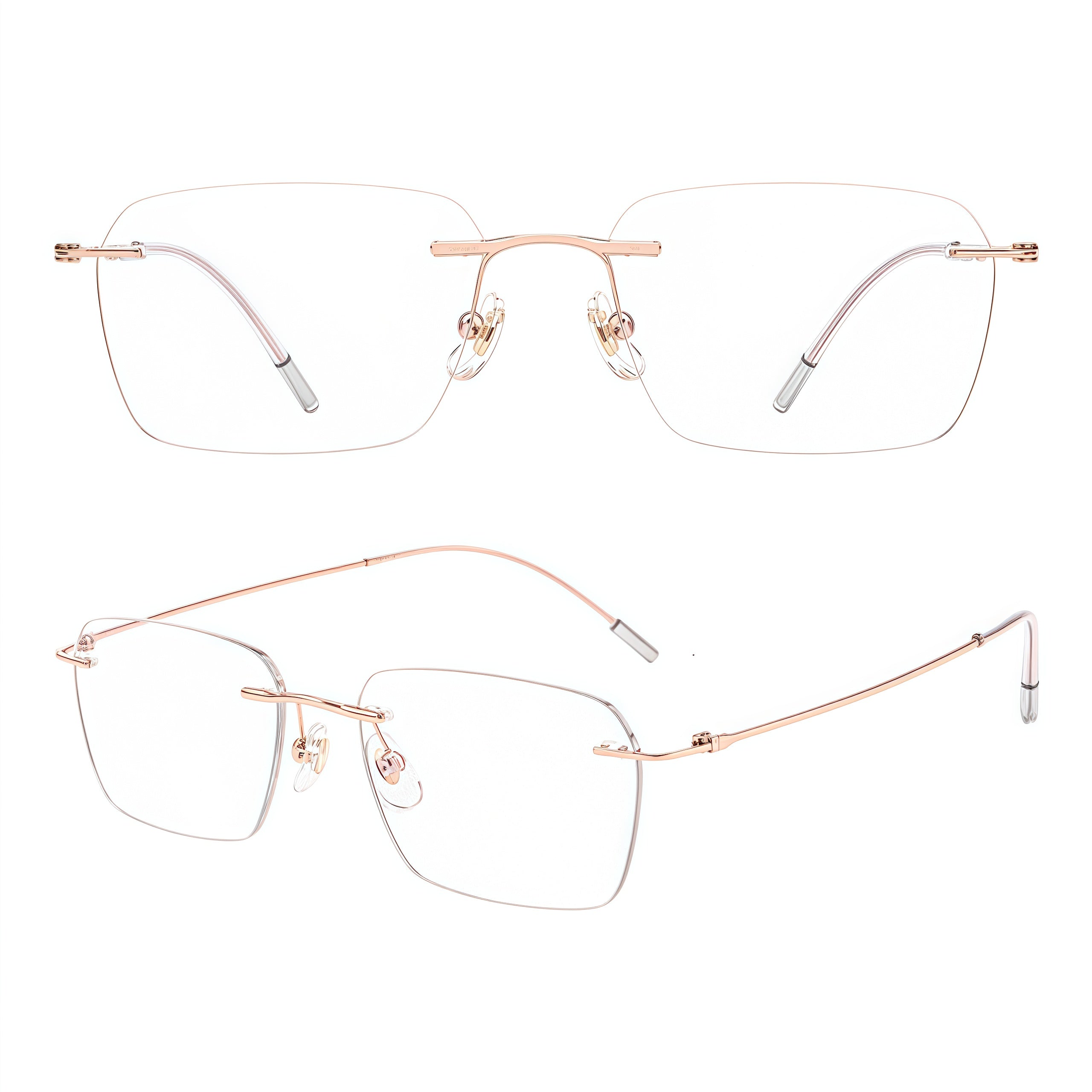 Rose Gold titanium softly squared rimless glasses, original front and 45-degree product detail
