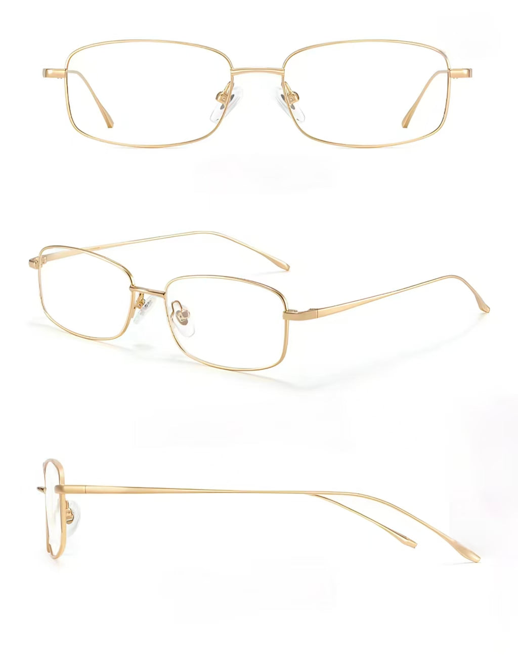 Gold women's ultralight titanium narrow rectangular glasses, supplier three-view composite detail