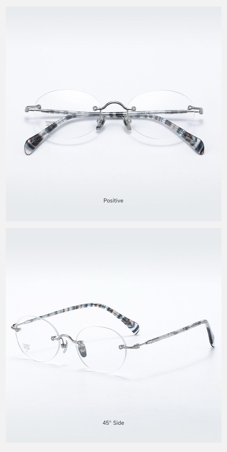 Silver/Blue front and 45-degree product views of Vintage Sophisticated Rimless Eyeglasses