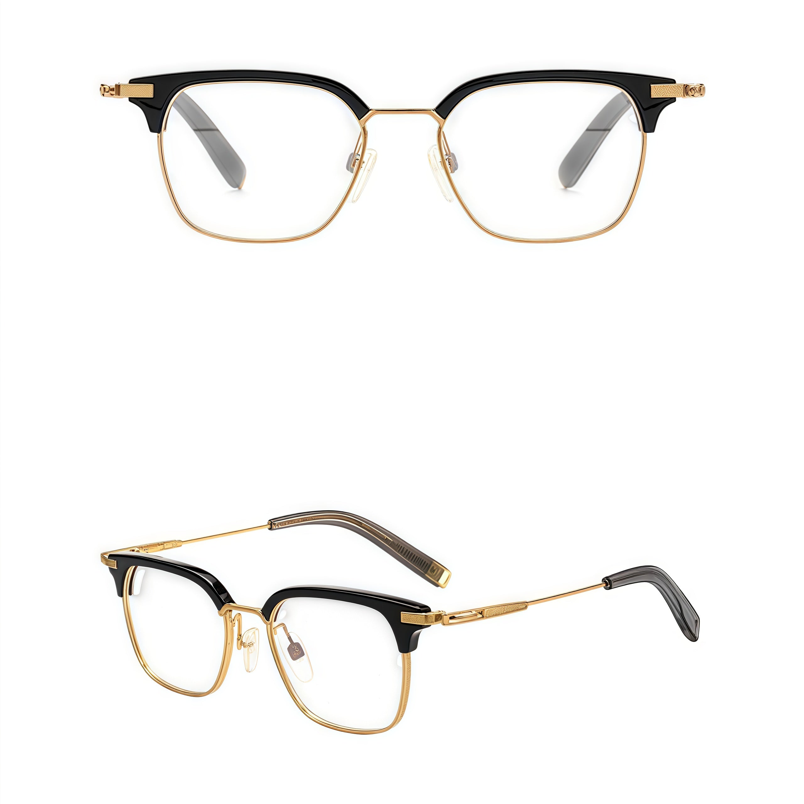 Black and Gold unisex vintage titanium semi-rimless glasses, original front and 45-degree composite