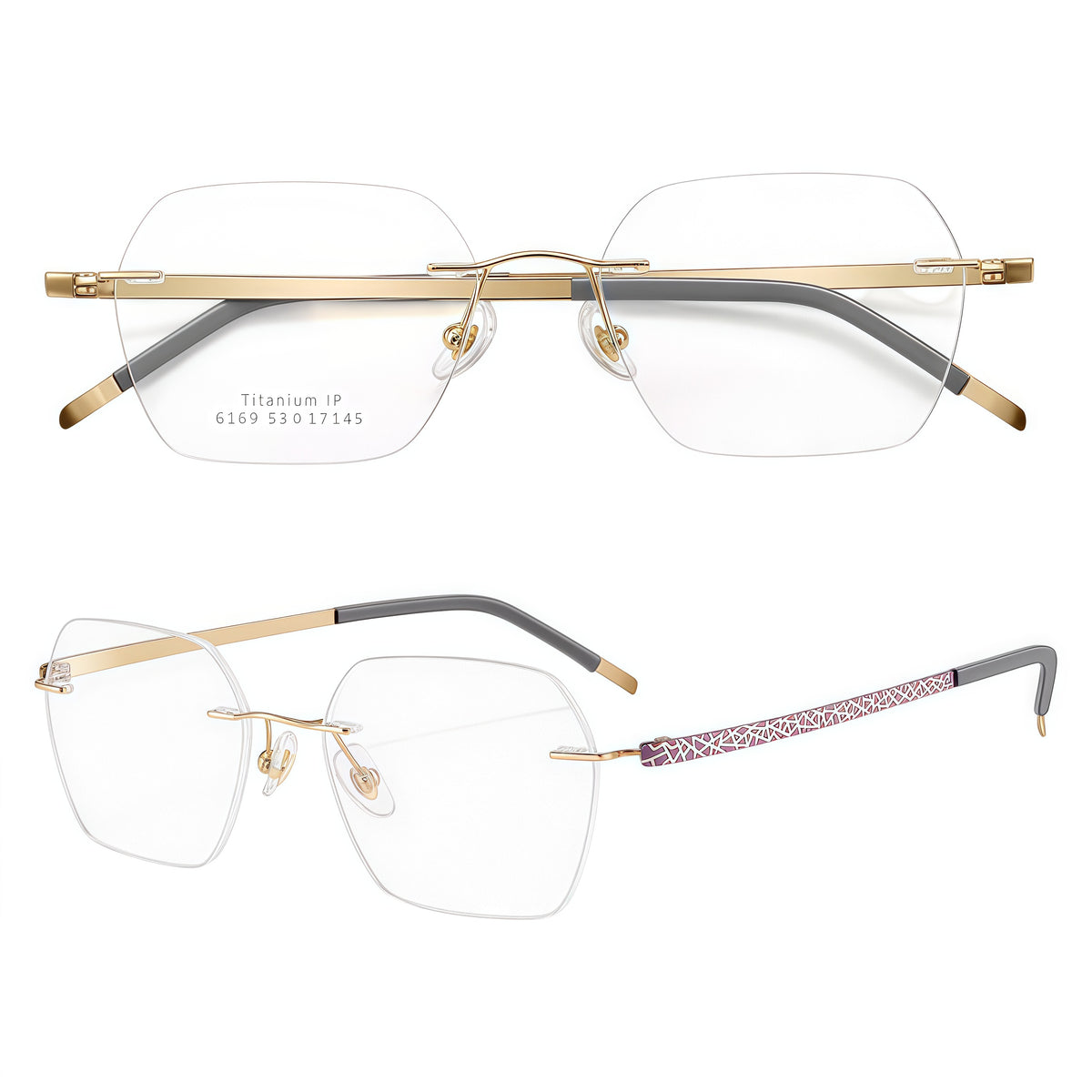 Gold/Purple rimless rectangular pure titanium eyeglass frames, supplier front and angle reference