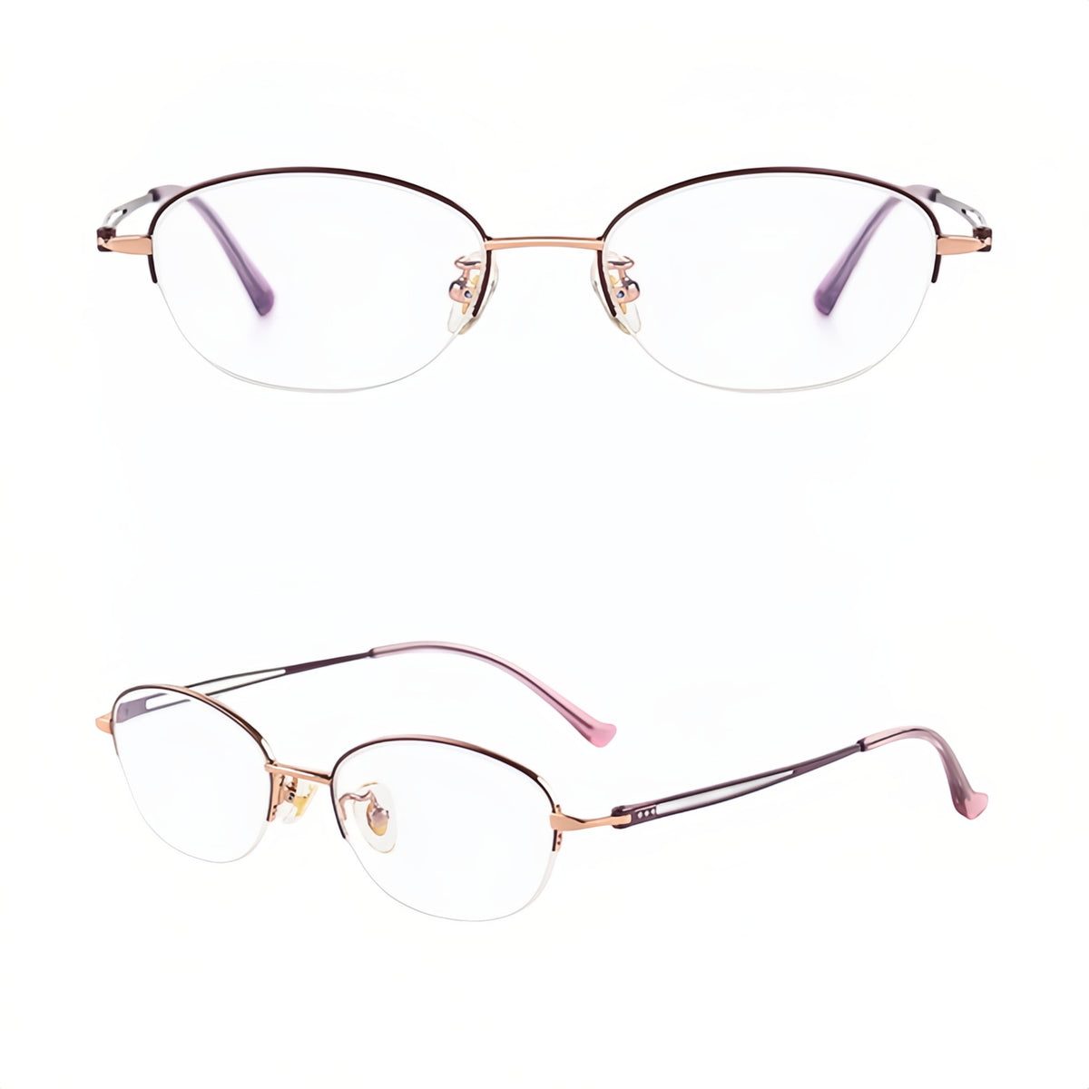 Purple and Rose Gold artistic semi-rimless glasses, original front and 45-degree views