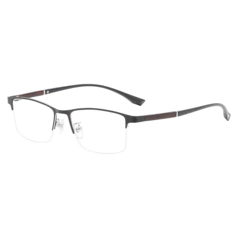 Black and Silver clean business rectangular profile semi-rimless eyeglass frame, three-quarter product view
