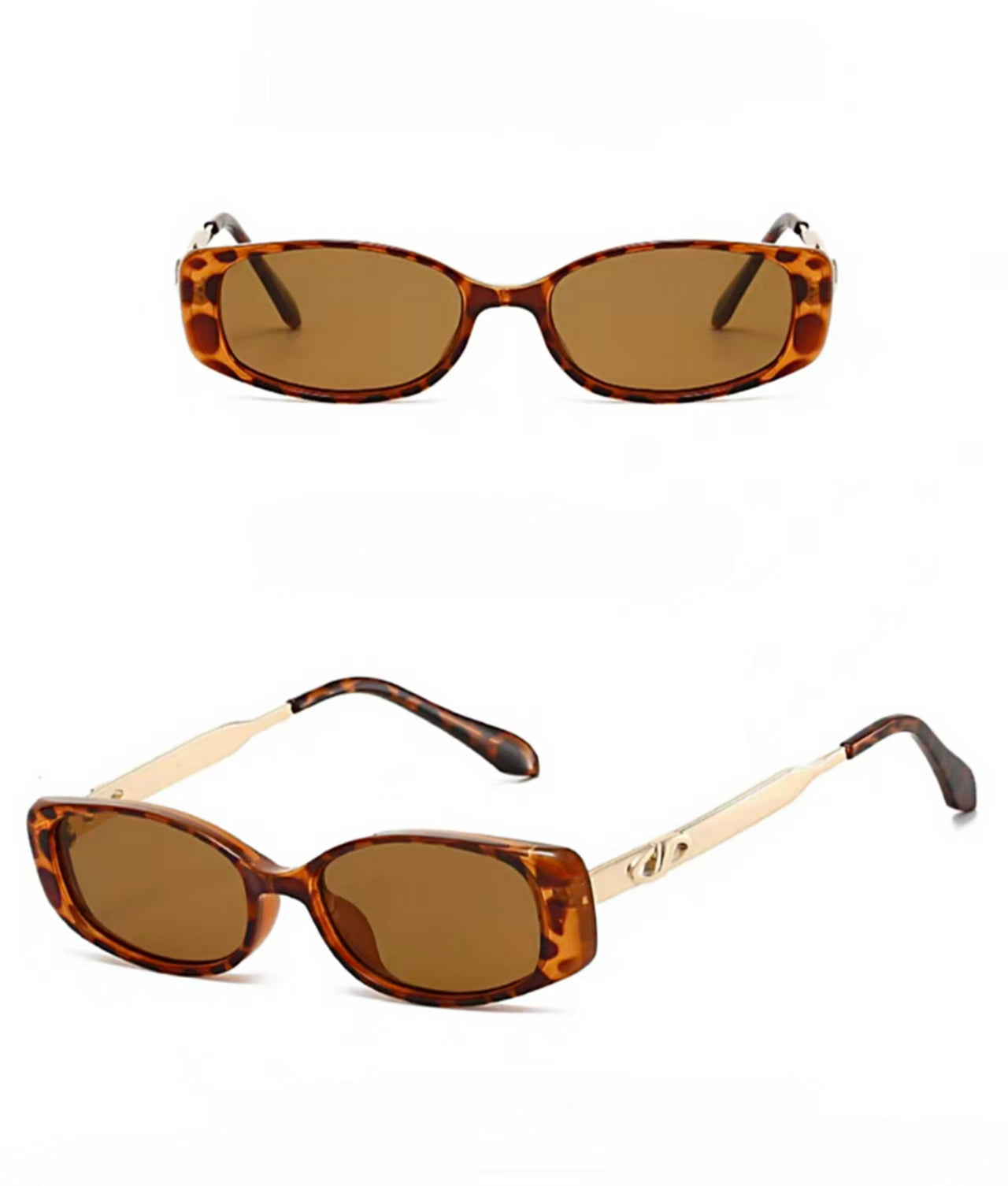 Unisex Tortoise Shell full-rim narrow rectangle sunglasses, front and three-quarter views
