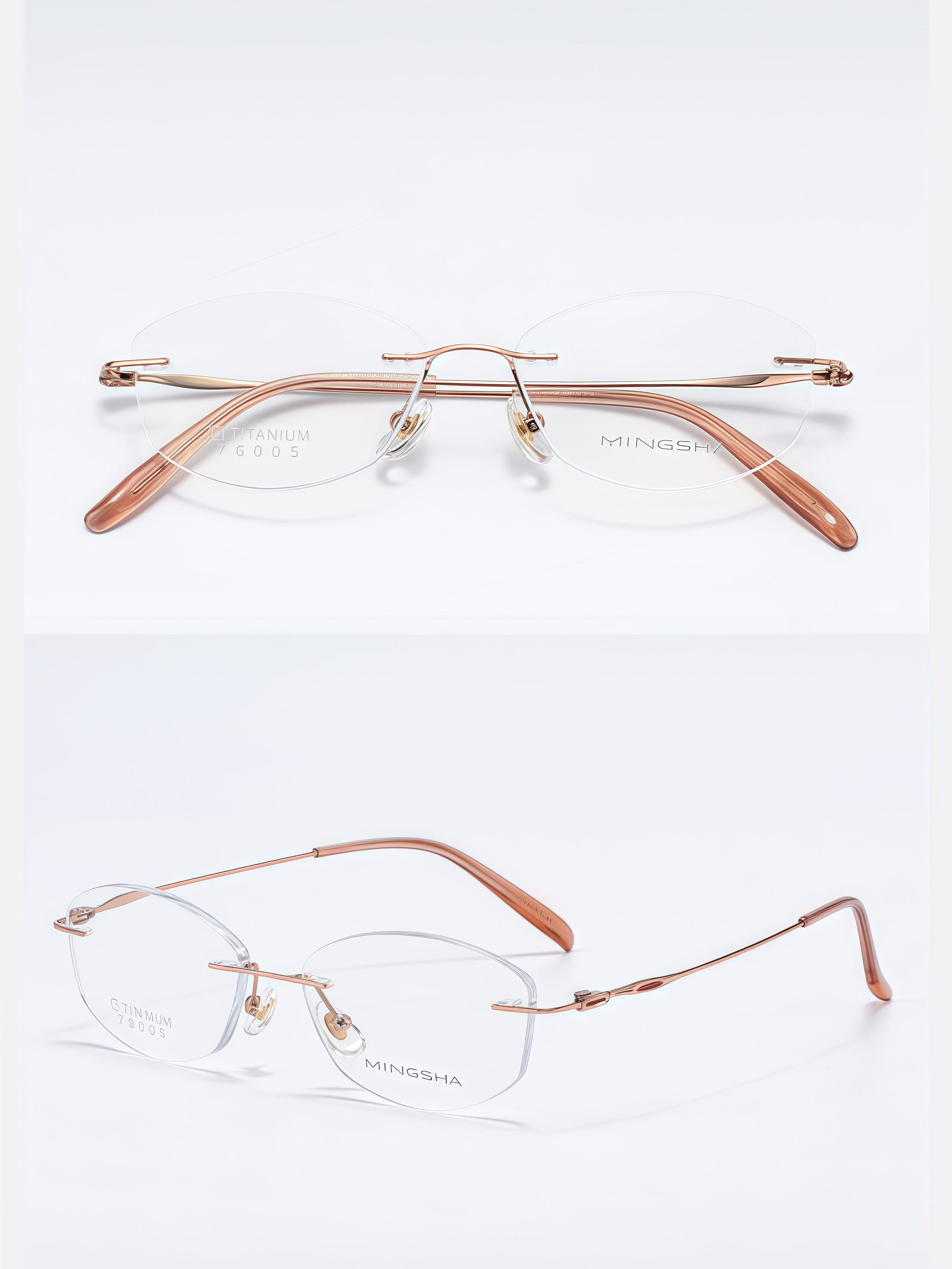Rose Gold women's titanium alloy rimless soft butterfly glasses, supplier front and three-quarter views