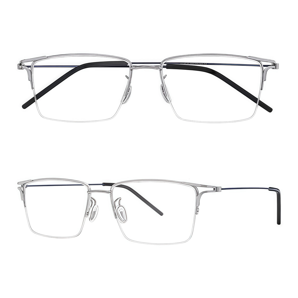Blue/Silver unisex titanium semi-rimless glasses, original combined front and 45-degree product views
