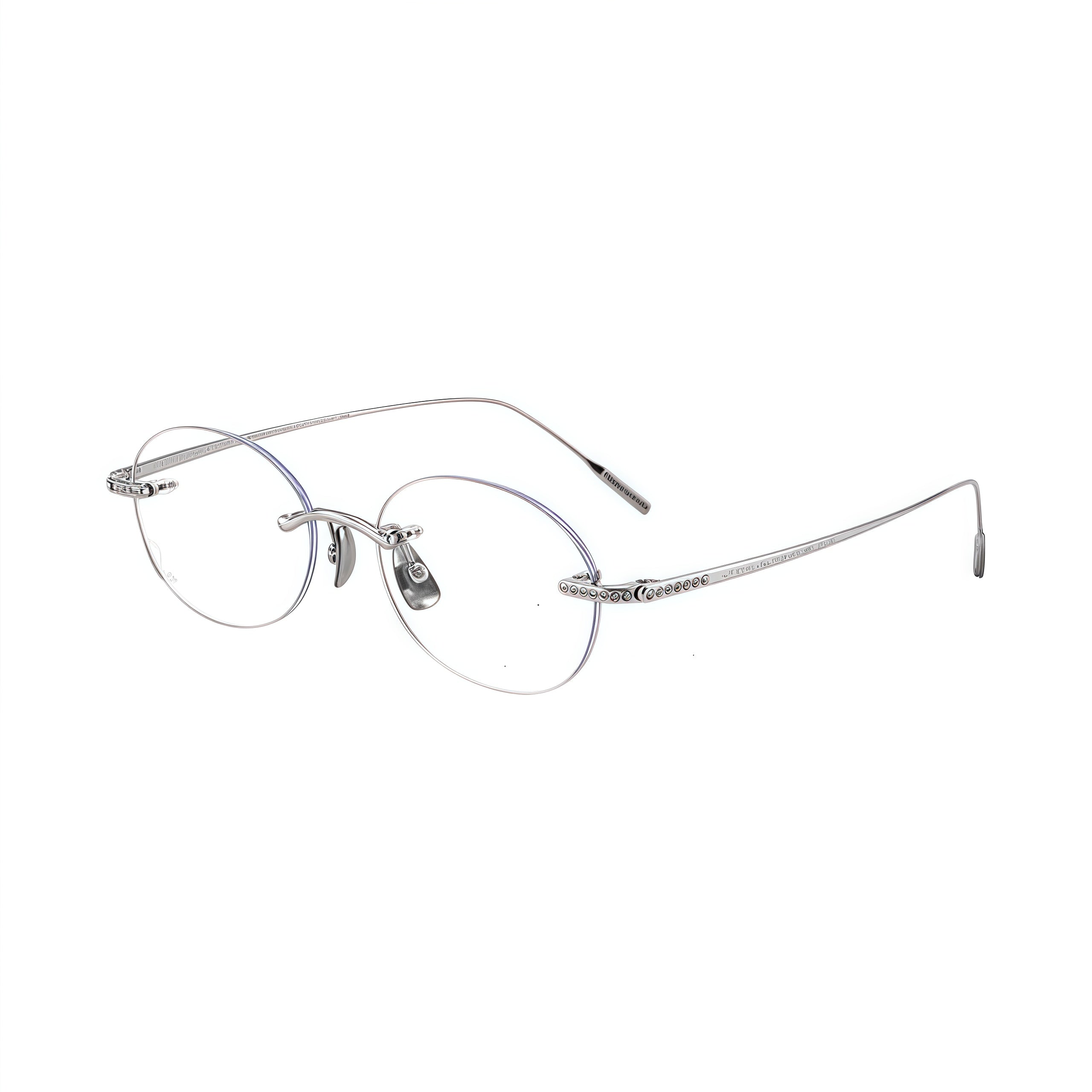 Silver women's titanium rimless round glasses in a 45-degree product view