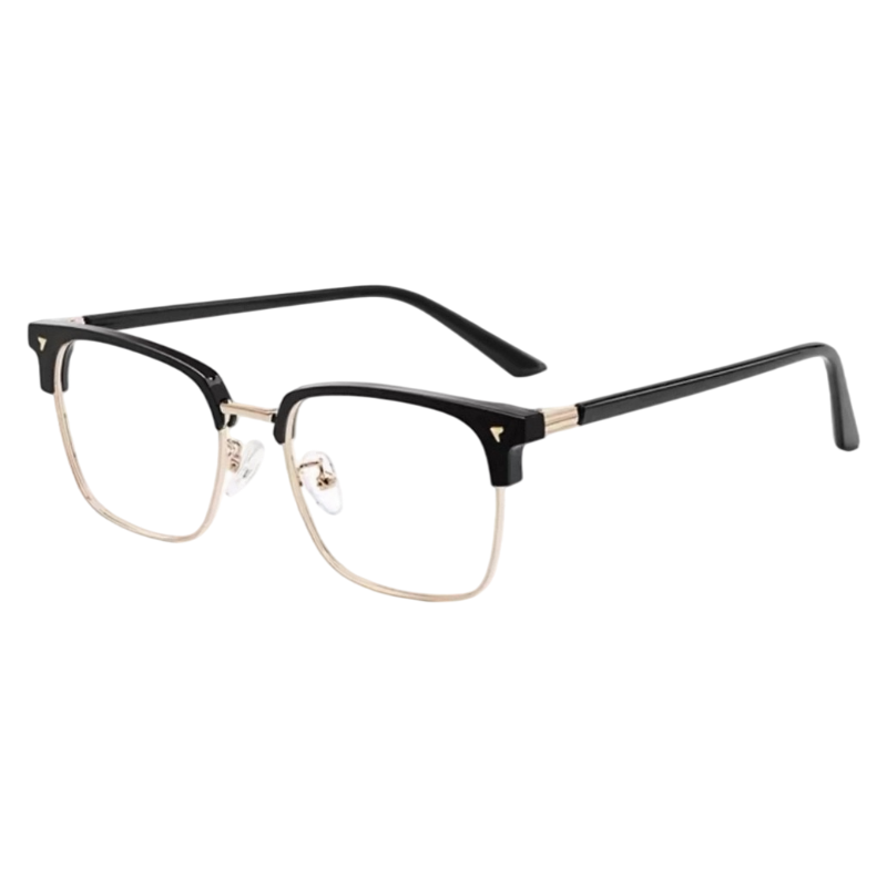 Black and Gold vintage samurai-inspired browline profile semi-rimless eyeglass frame, three-quarter product view