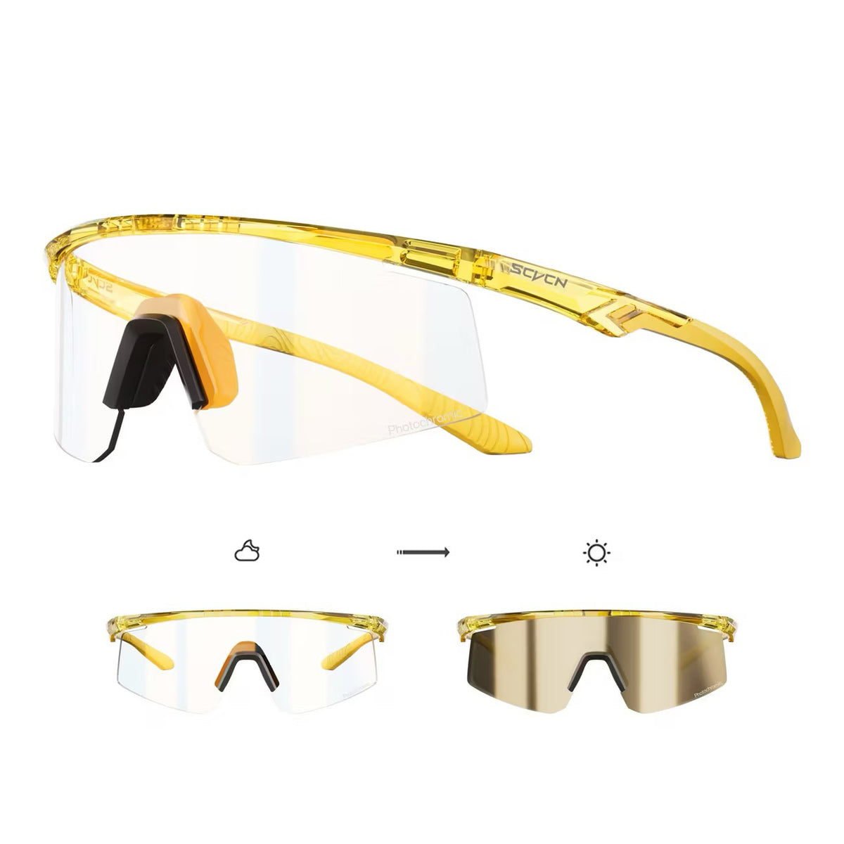 Crystal Yellow Frame/Photochromic Gold Lens front and 45-degree product views of Windproof Outdoor Sports Glasses