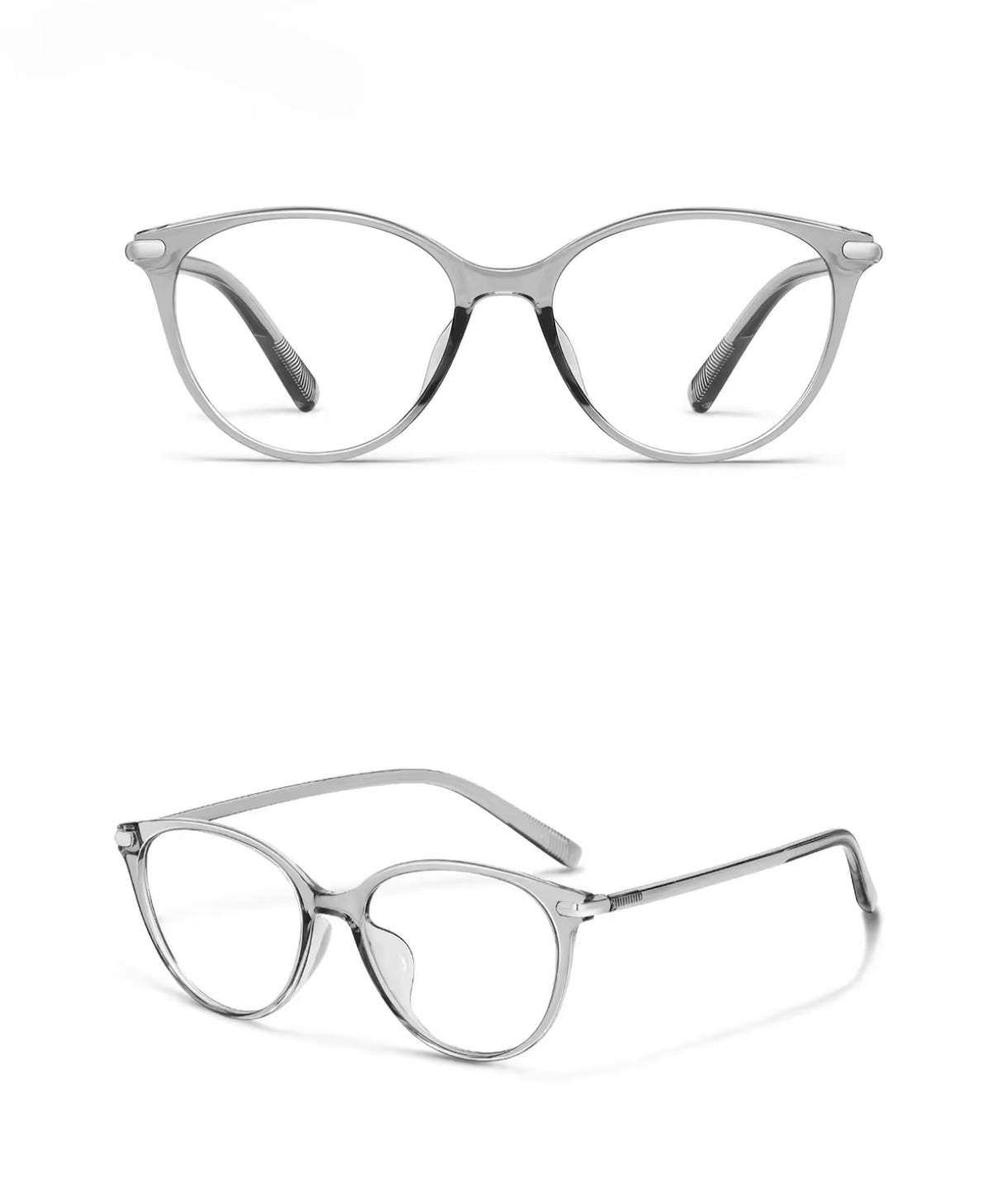 Gray cat-eye full-rim eyeglass frame, front and three-quarter product views