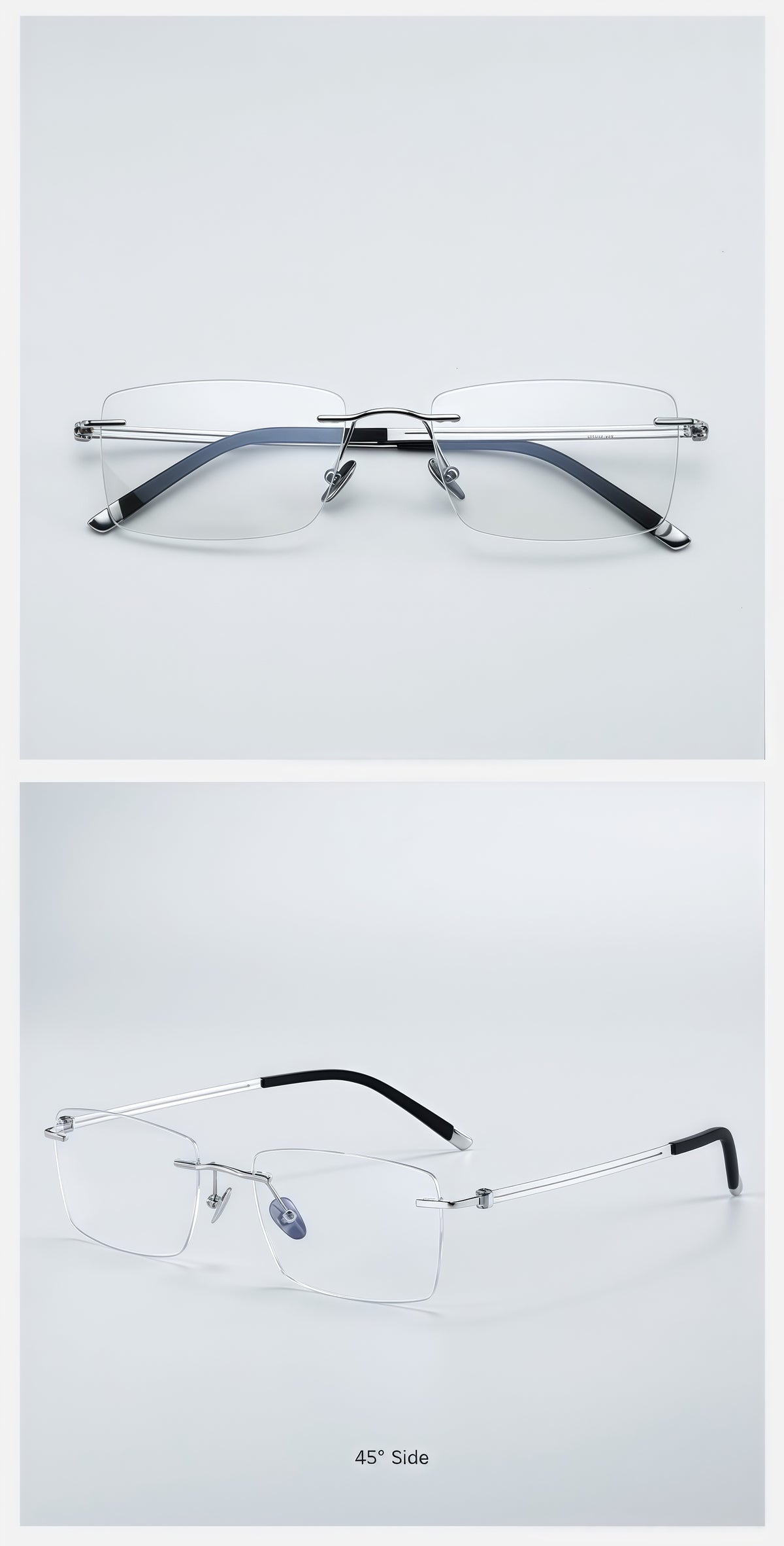 Silver pure titanium rectangular rimless glasses, original front and 45-degree product detail
