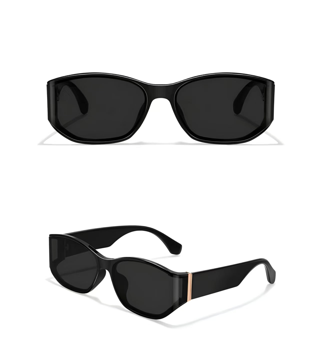 Women’s Black full-rim curved shield sunglasses, front and three-quarter views