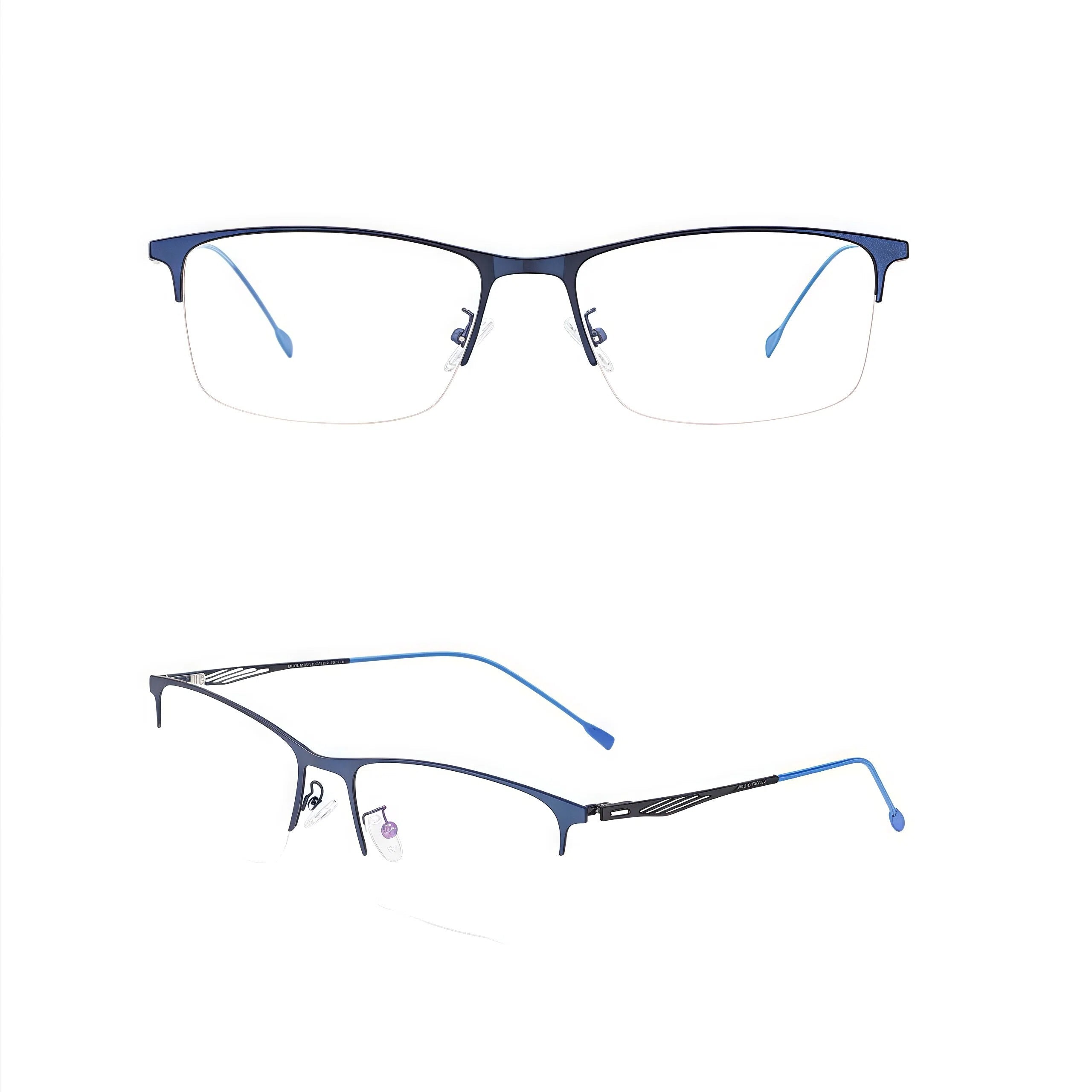Blue slim professional semi-rimless glasses, original front and 45-degree product views