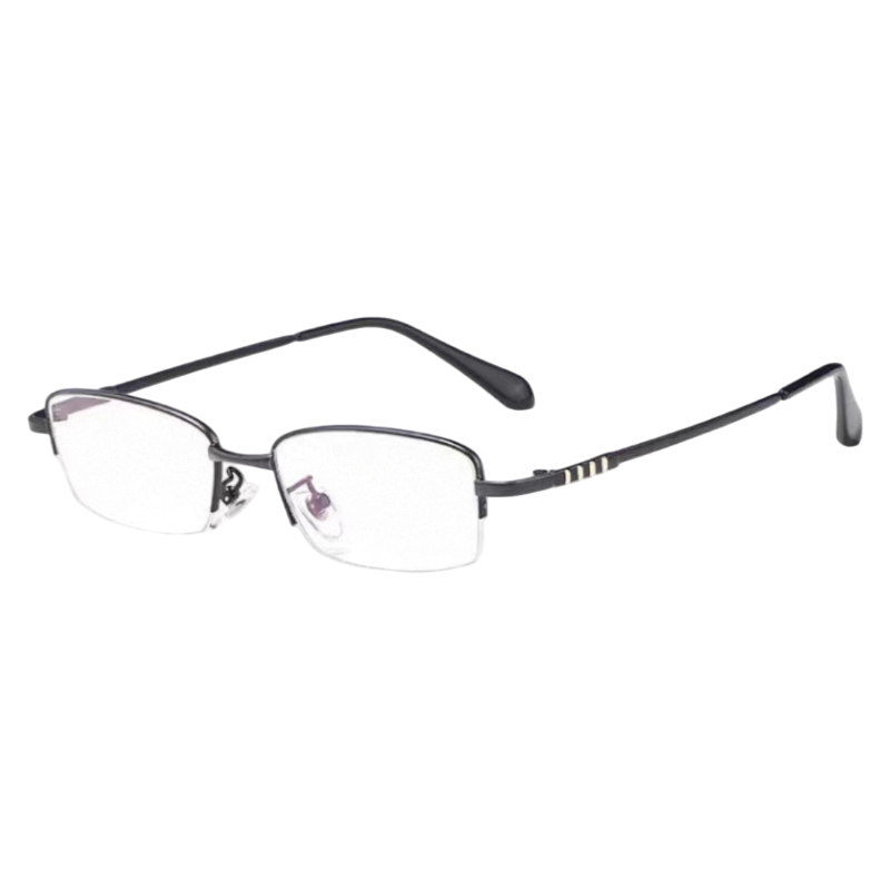 Glossy Black narrow minimalist rectangular profile semi-rimless eyeglass frame, three-quarter product view