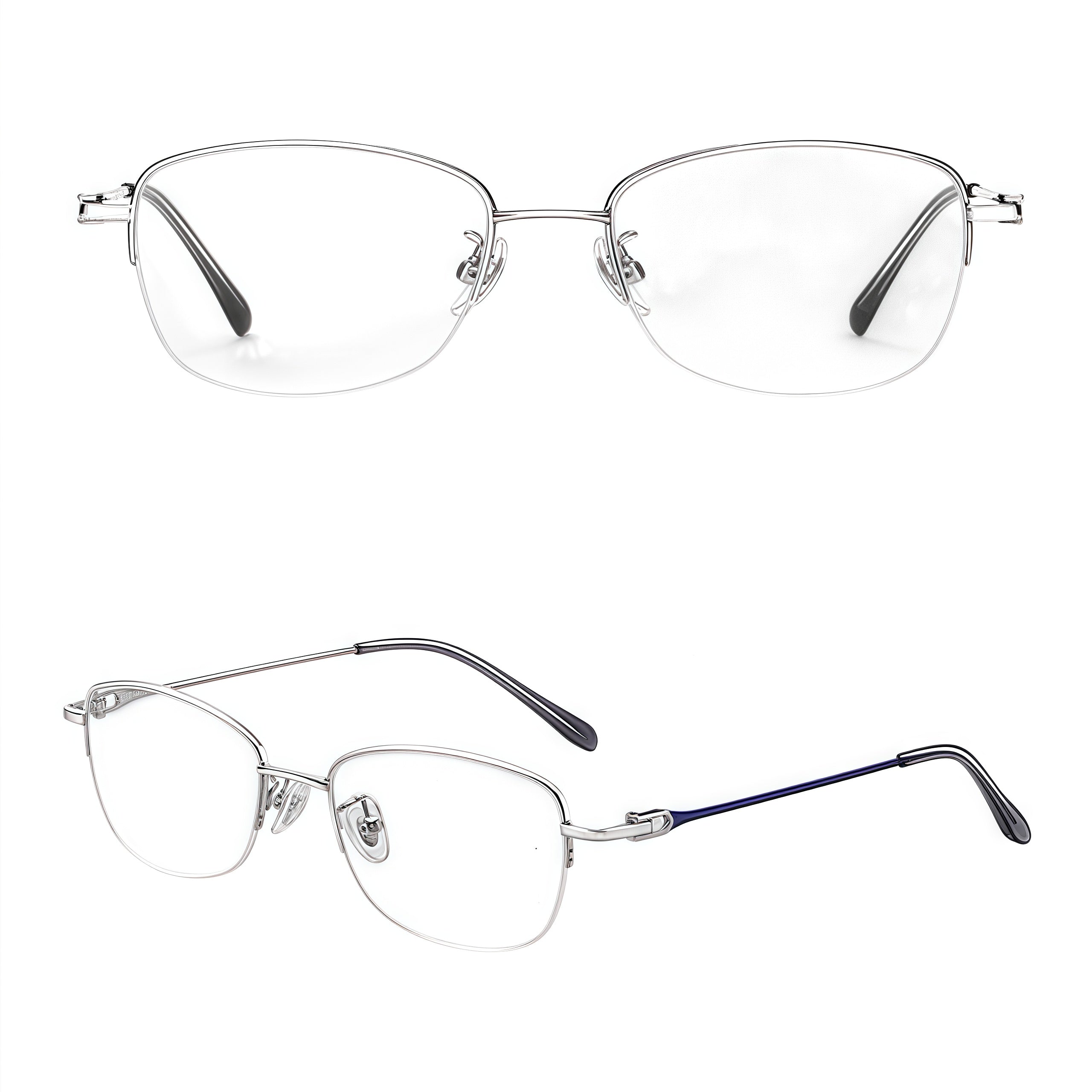 Silver women's titanium semi-rimless glasses, front and 45-degree composite detail