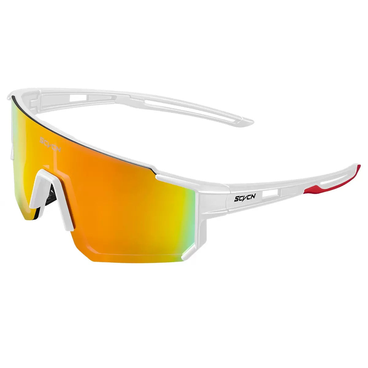 Matte White Frame/Red Lens unisex tr90 wraparound shield sunglasses, 45-degree view