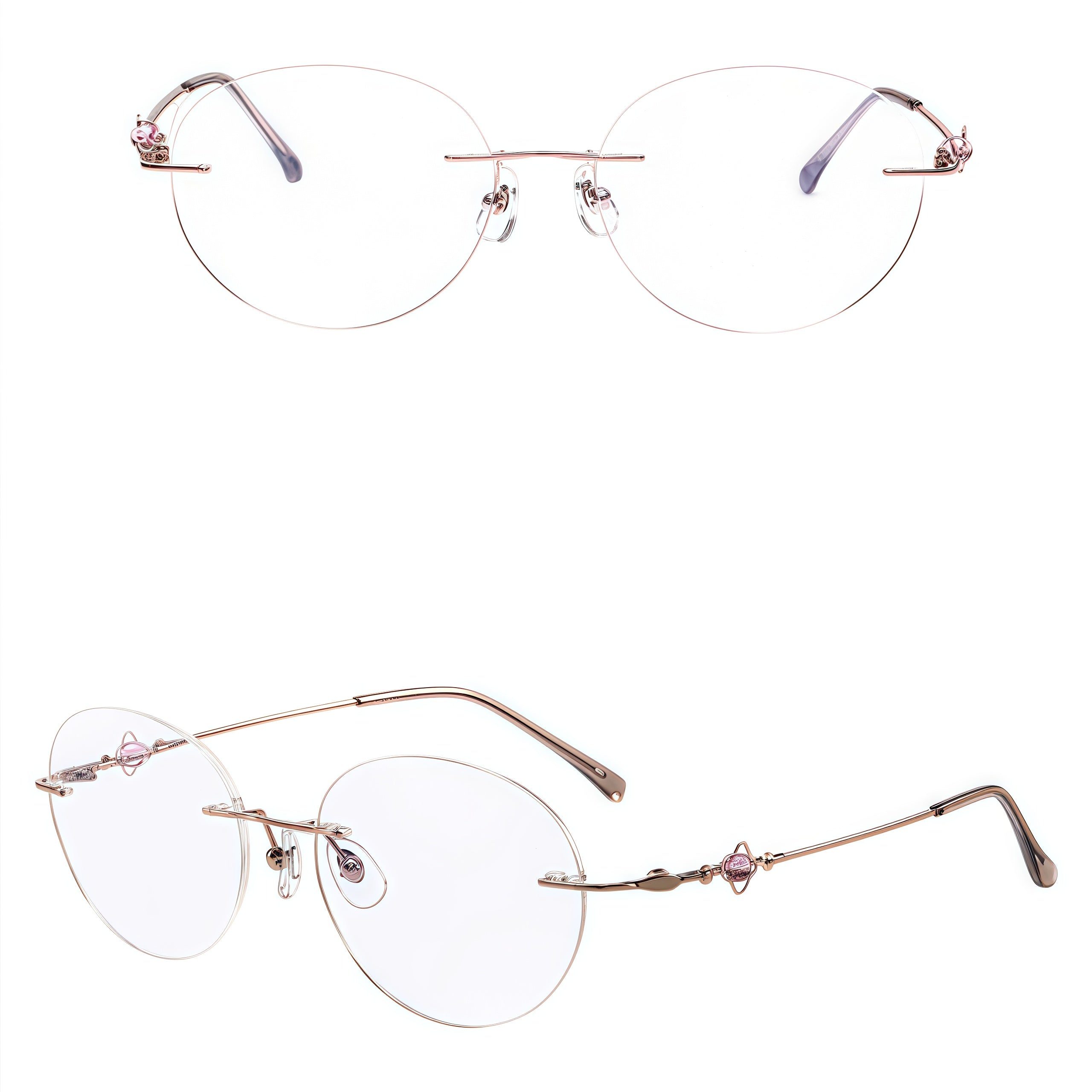 Rose Gold women titanium rounded cat-eye rimless eyeglasses, 45-degree view