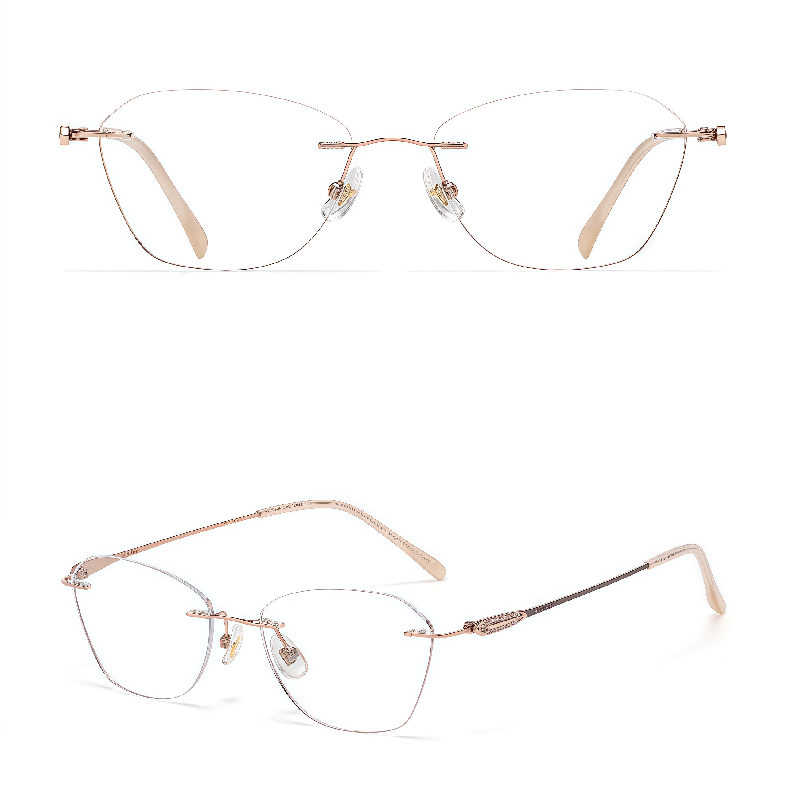 Rose Gold women's titanium rimless leaf-filigree glasses, front and 45-degree composite