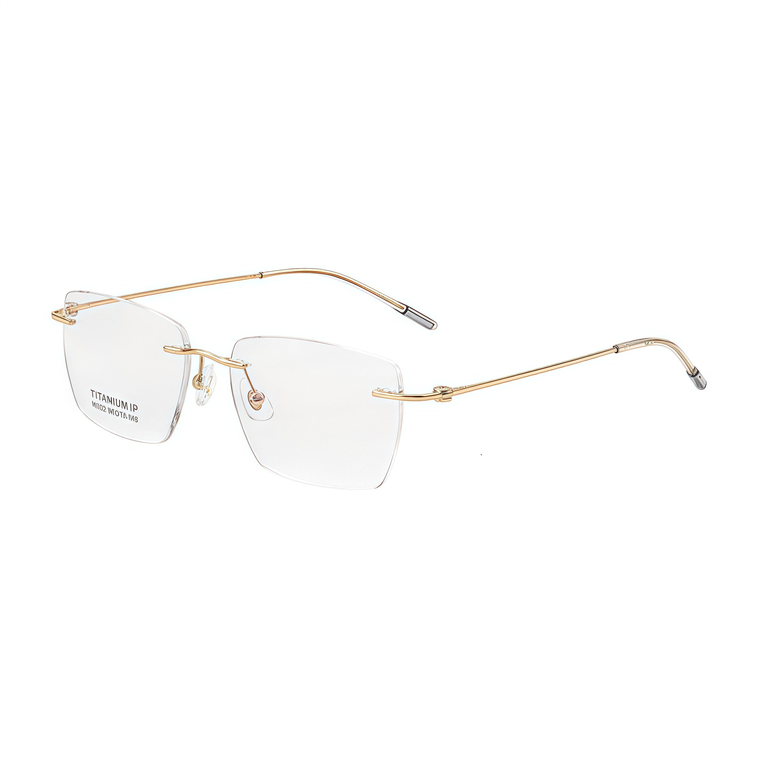 Gold unisex pure titanium rectangular rimless eyeglasses, 45-degree view