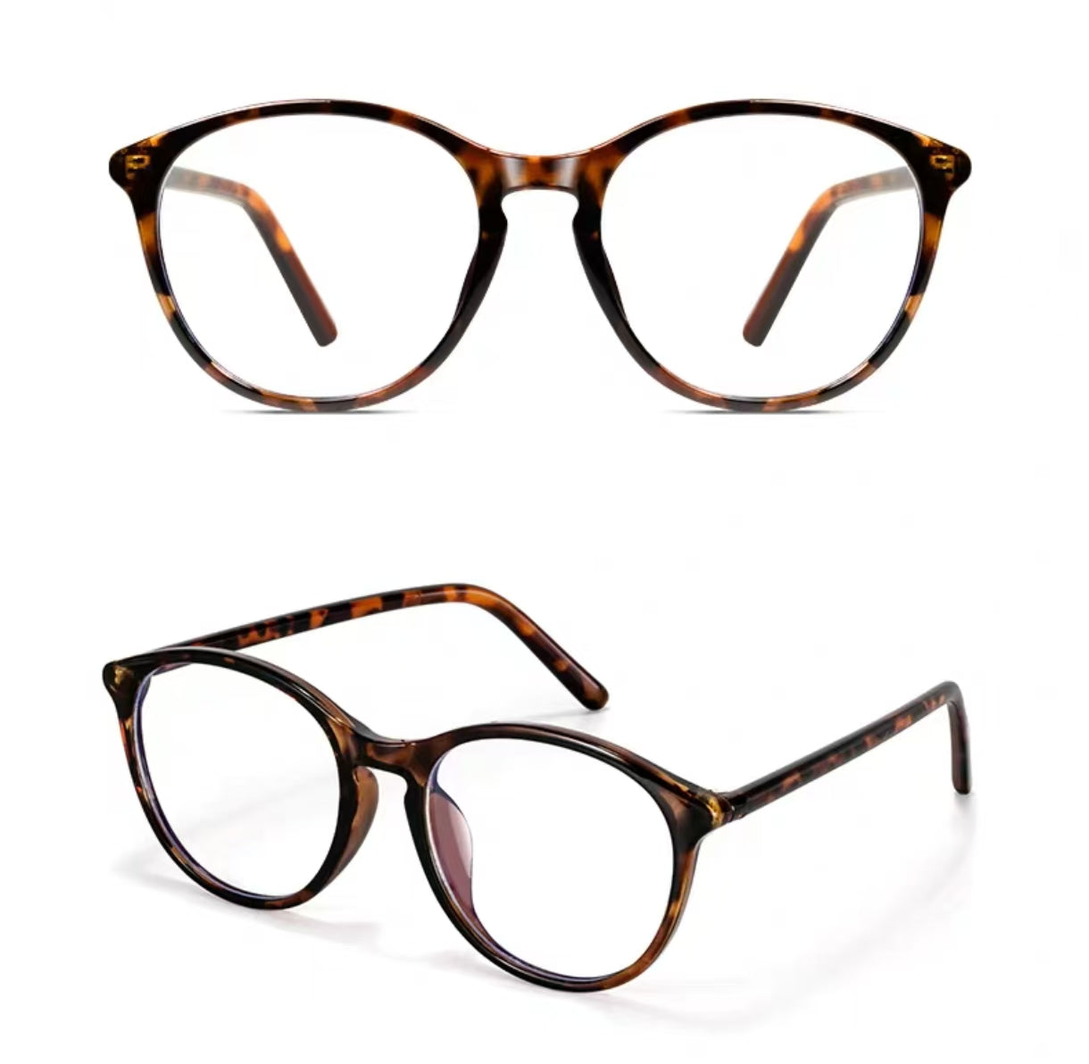 Tortoise Shell round-square full-rim eyeglass frame, front and three-quarter product views