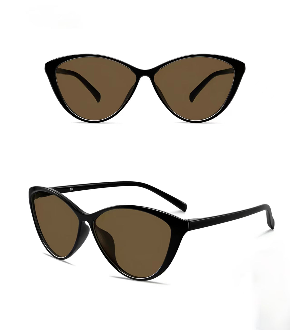 Women’s Dark Amber full-rim cat-eye sunglasses, front and three-quarter views