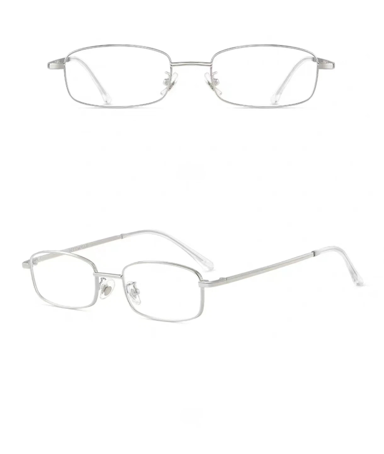 Silver small-fit rectangular full-rim eyeglass frame, product view