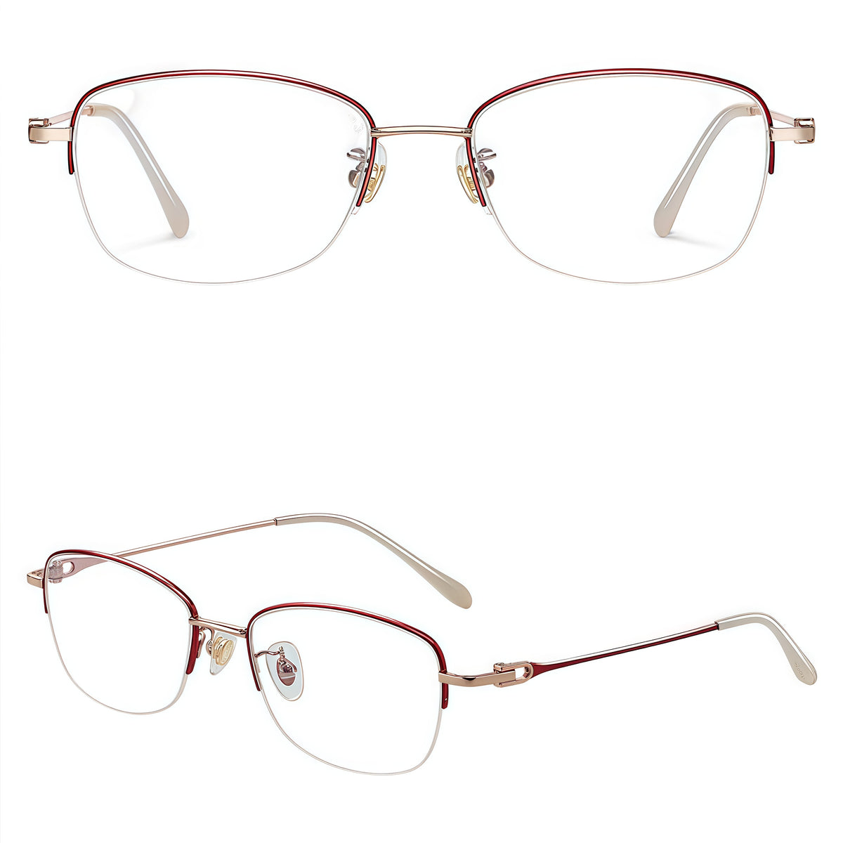 Red/Rose Gold women's titanium semi-rimless glasses, front and 45-degree composite detail