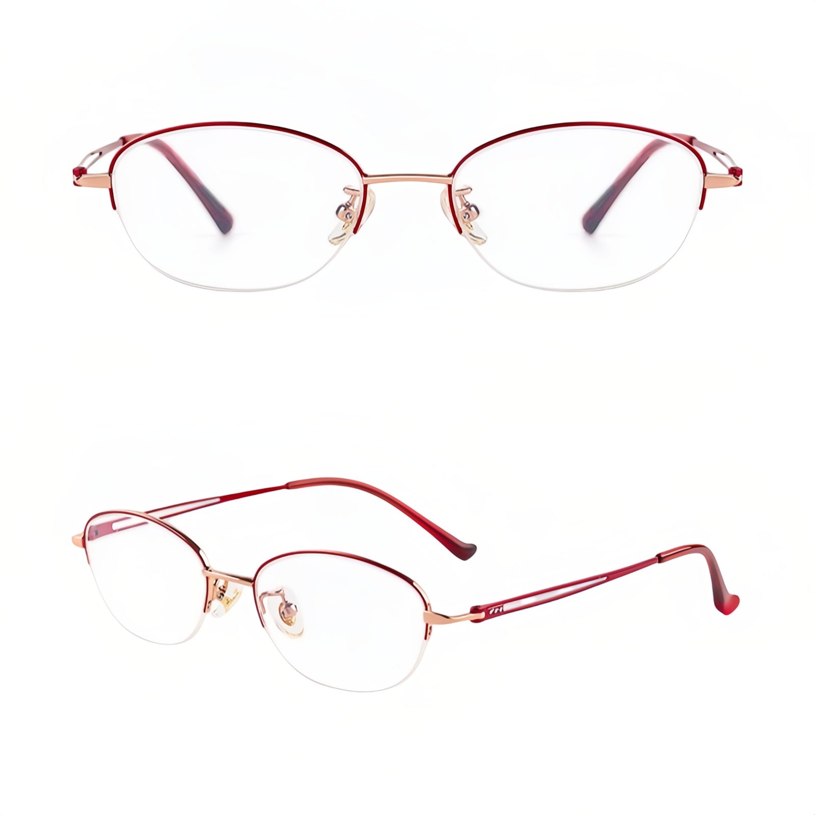 Red and Rose Gold artistic semi-rimless glasses, original front and 45-degree views