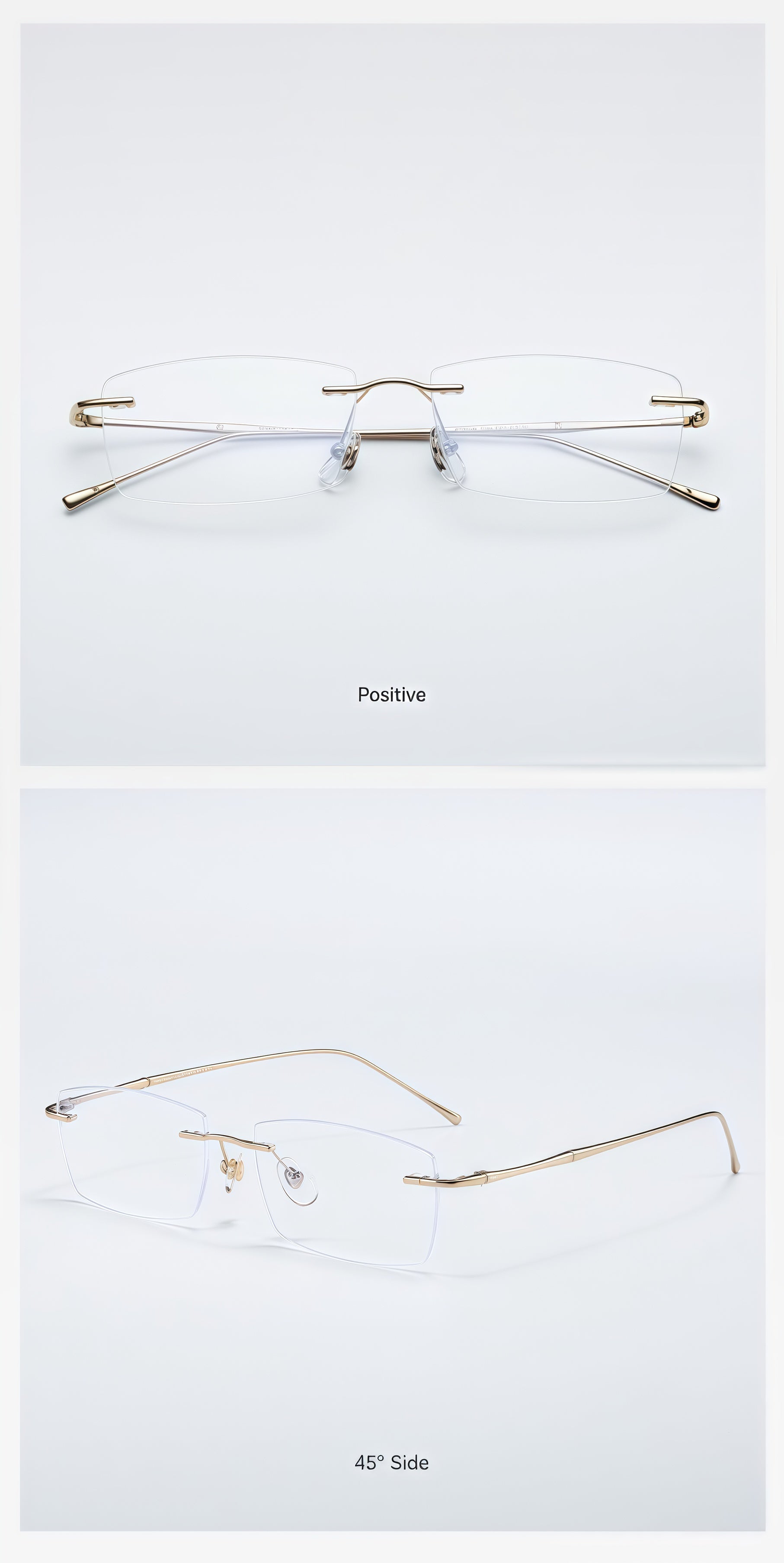 Gold beta-titanium rectangular rimless glasses, original front and 45-degree product detail
