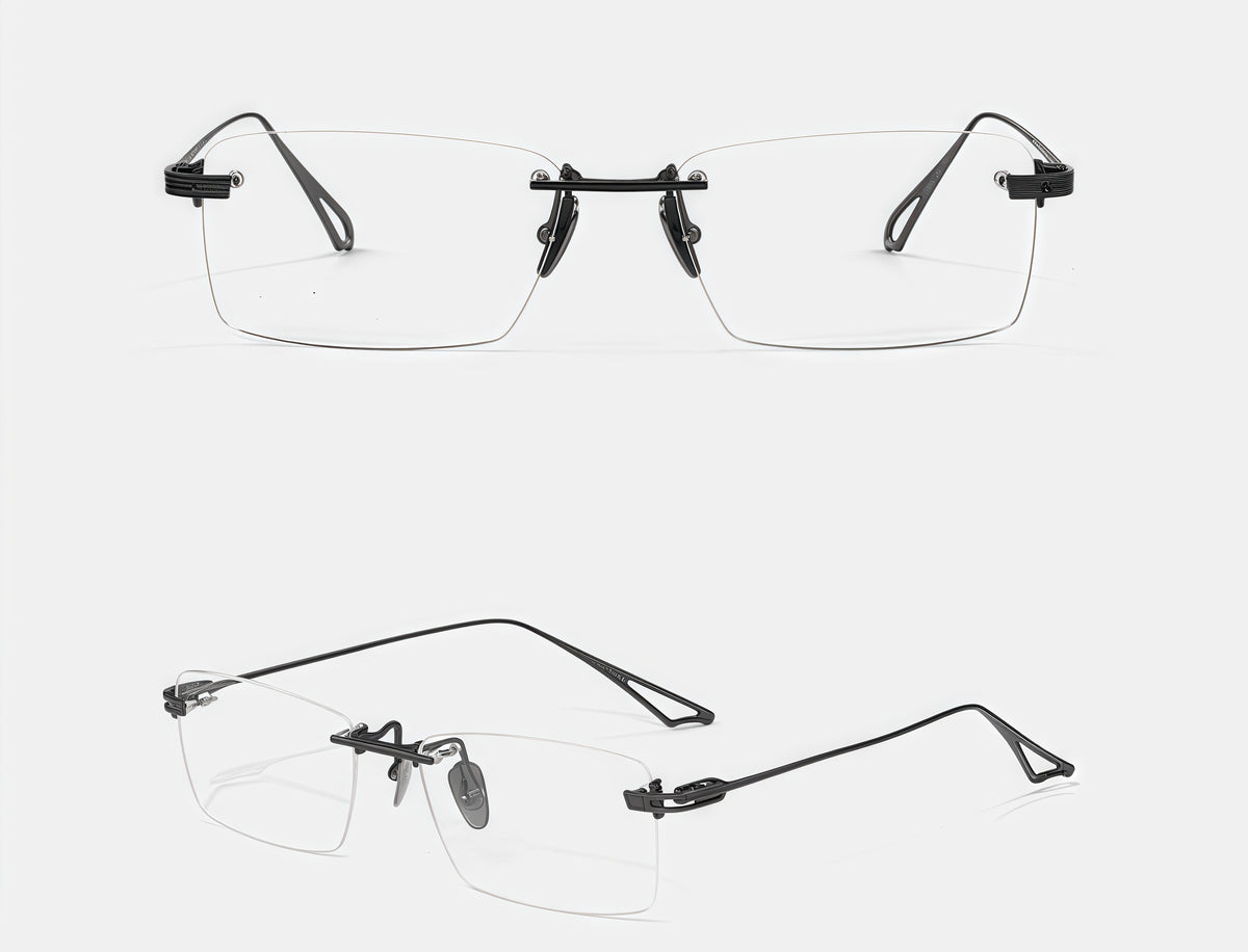 Gunmetal men's titanium rimless open-loop glasses, front and 45-degree composite