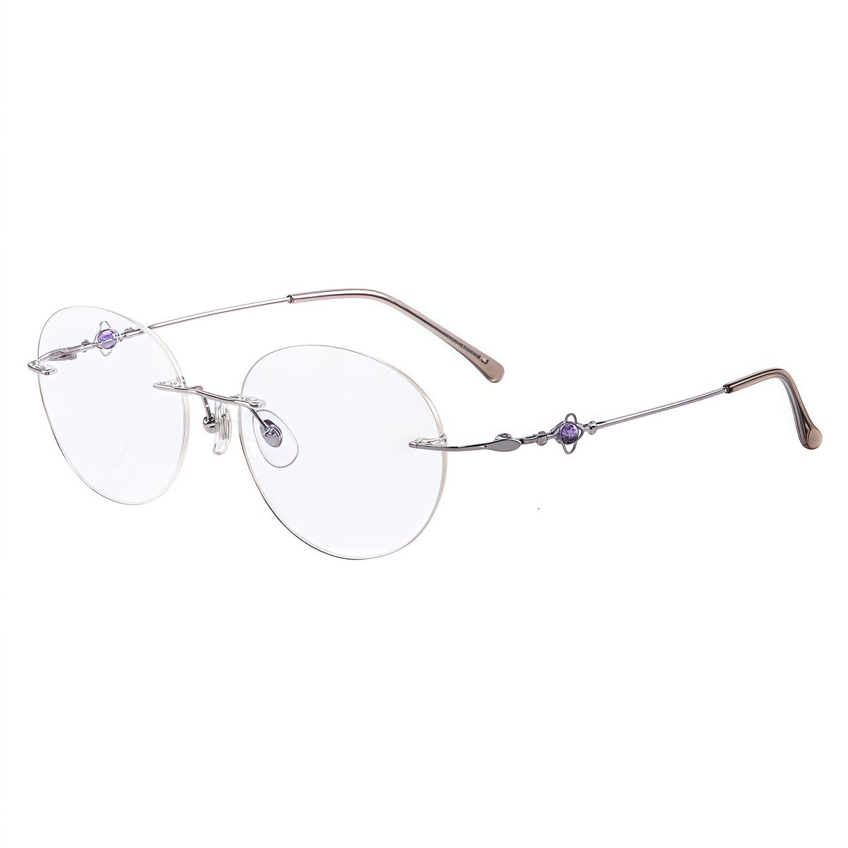 Silver women titanium rounded cat-eye rimless eyeglasses, 45-degree view