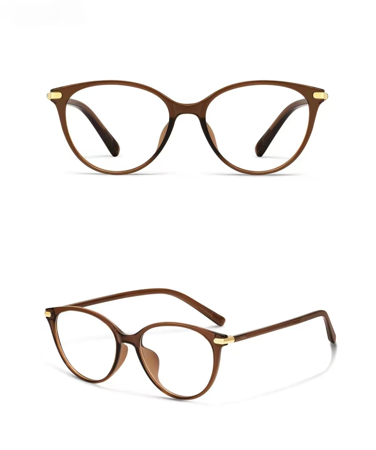 Chestnut Brown cat-eye full-rim eyeglass frame, front and three-quarter product views