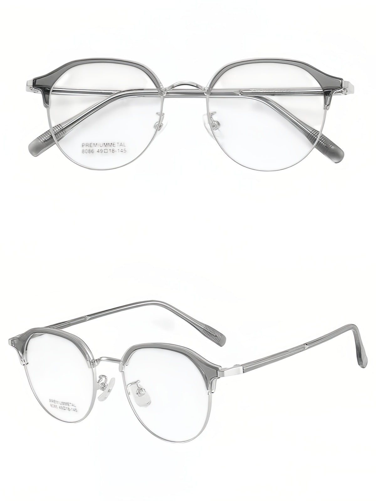 Crystal Grey and Silver vintage semi-rimless browline glasses, original front and 45-degree views
