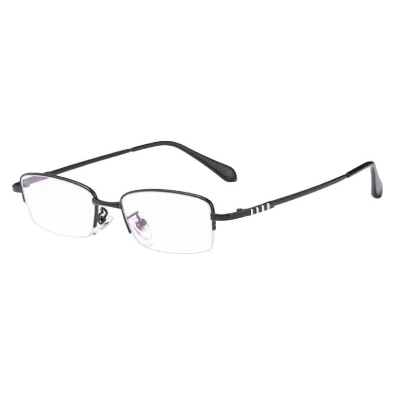 Matte Black narrow minimalist rectangular profile semi-rimless eyeglass frame, three-quarter product view