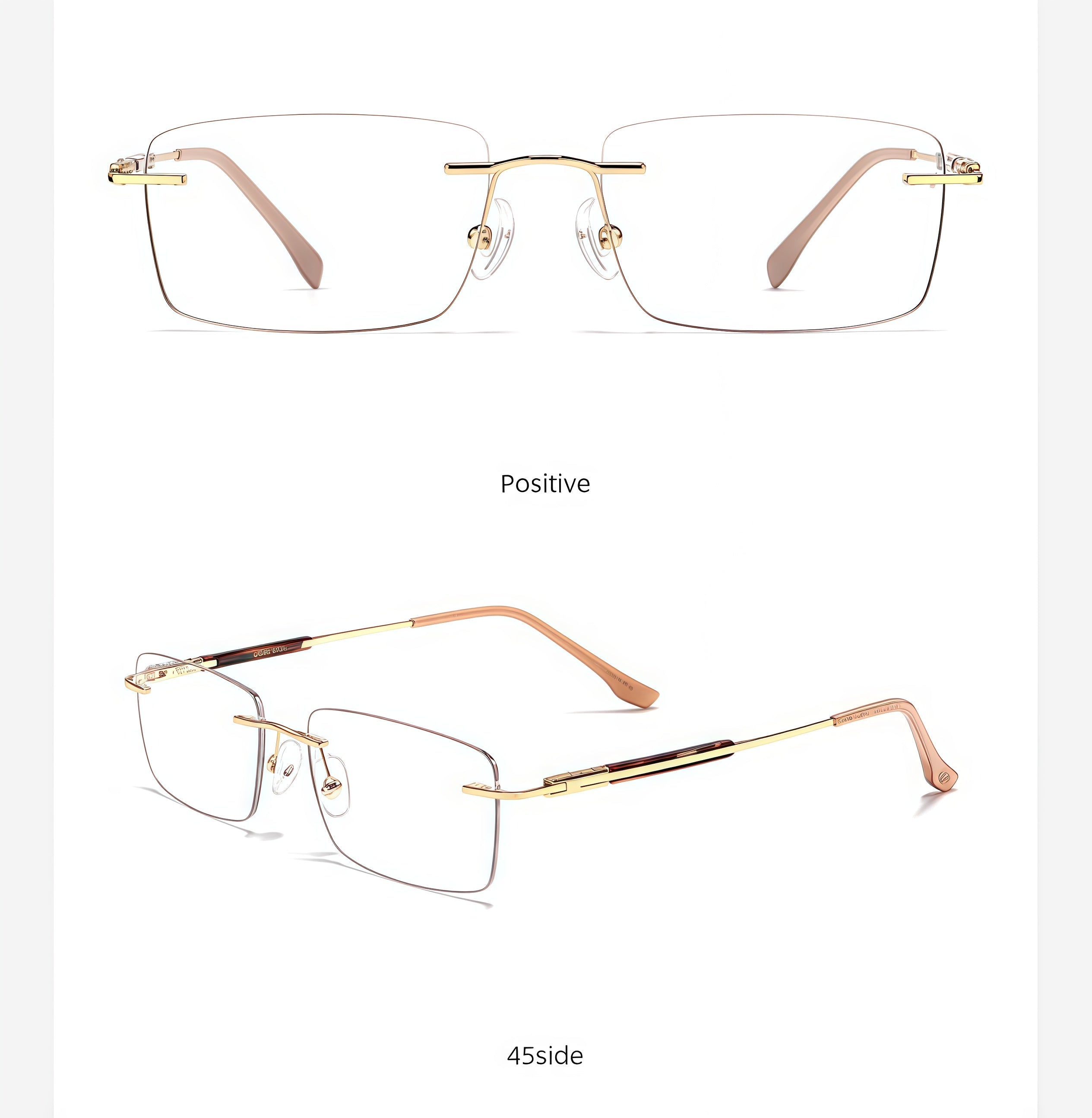 Gold men's alloy rimless rectangular inlay-temple glasses, front and 45-degree composite
