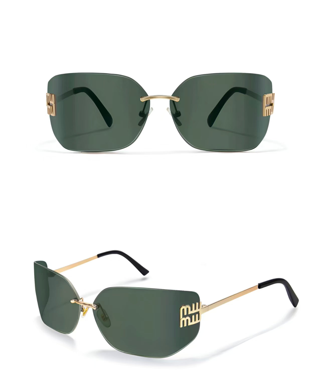 Women’s Green rimless oversized rectangle sunglasses, front and three-quarter product views