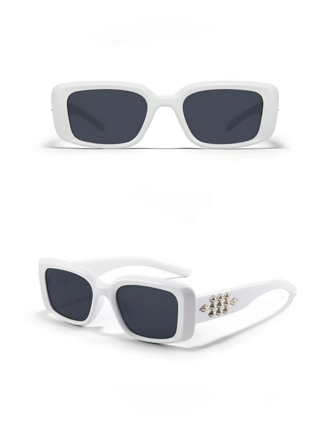 Women’s White full-rim square sunglasses, front and three-quarter views
