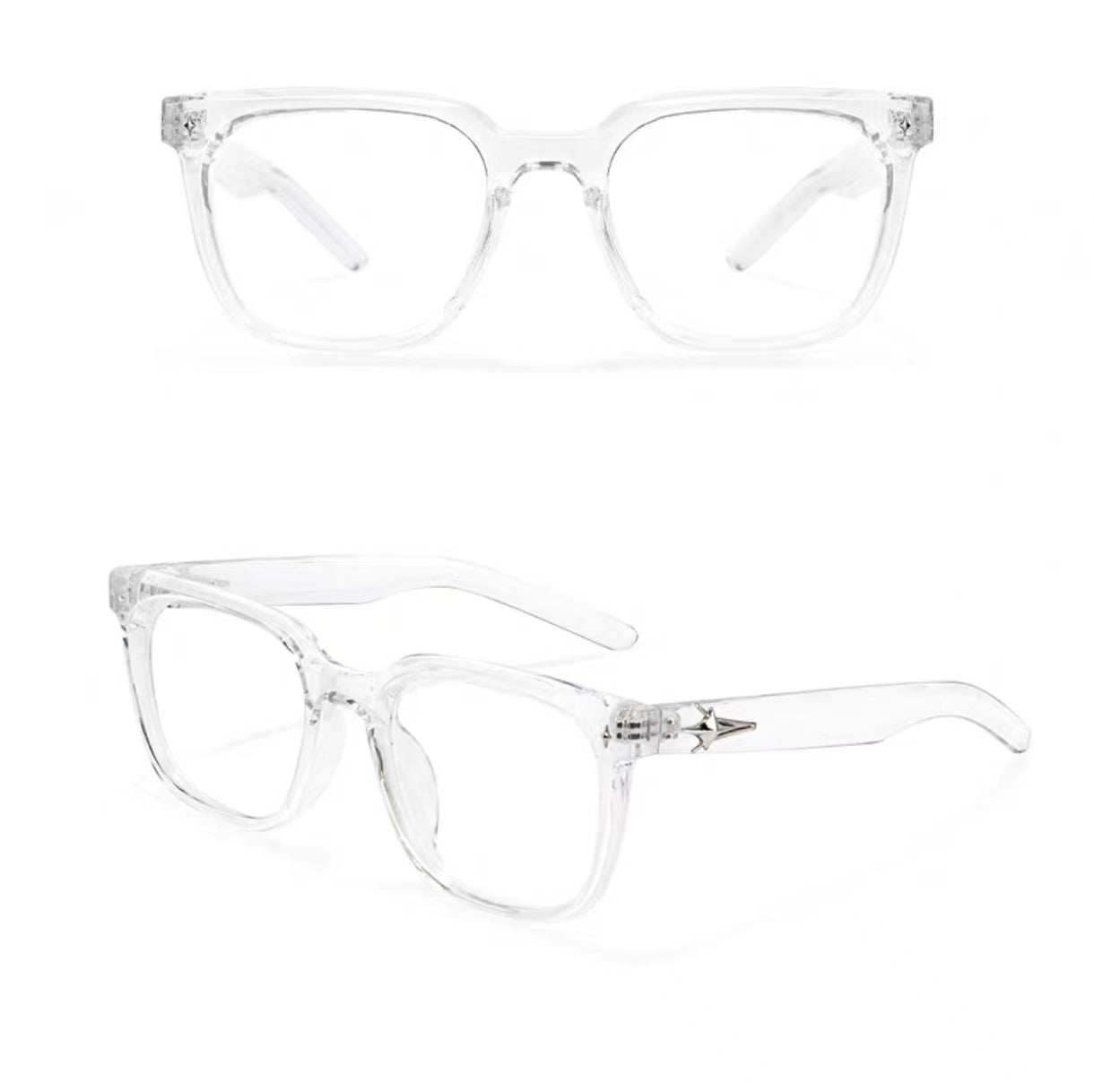 Crystal Clear oversized square full-rim eyeglass frame, front and three-quarter product views