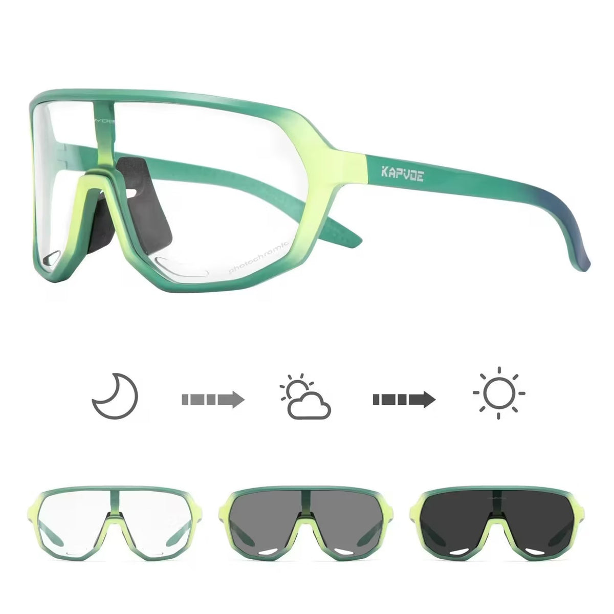Gradient Green Frame/Photochromic Grey Lens unisex tr90 wraparound rectangle sunglasses, detail-01 view
