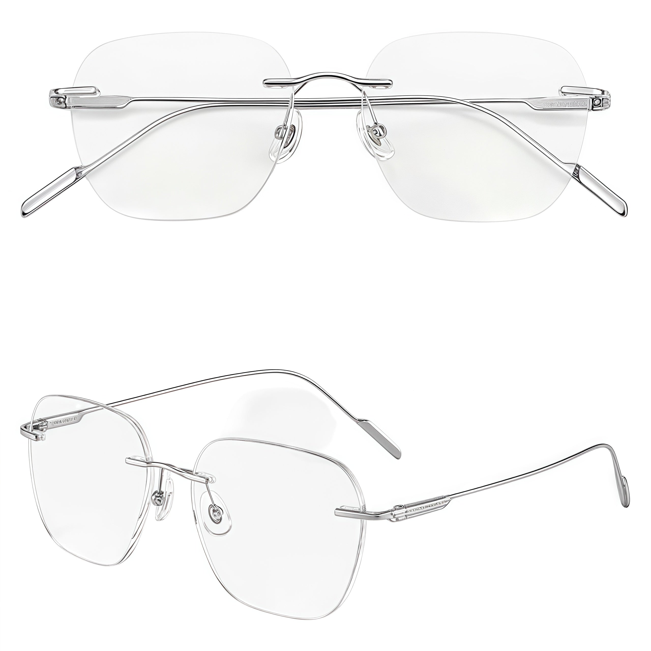 Silver unisex titanium rimless geometric rectangular eyeglass frames, product view