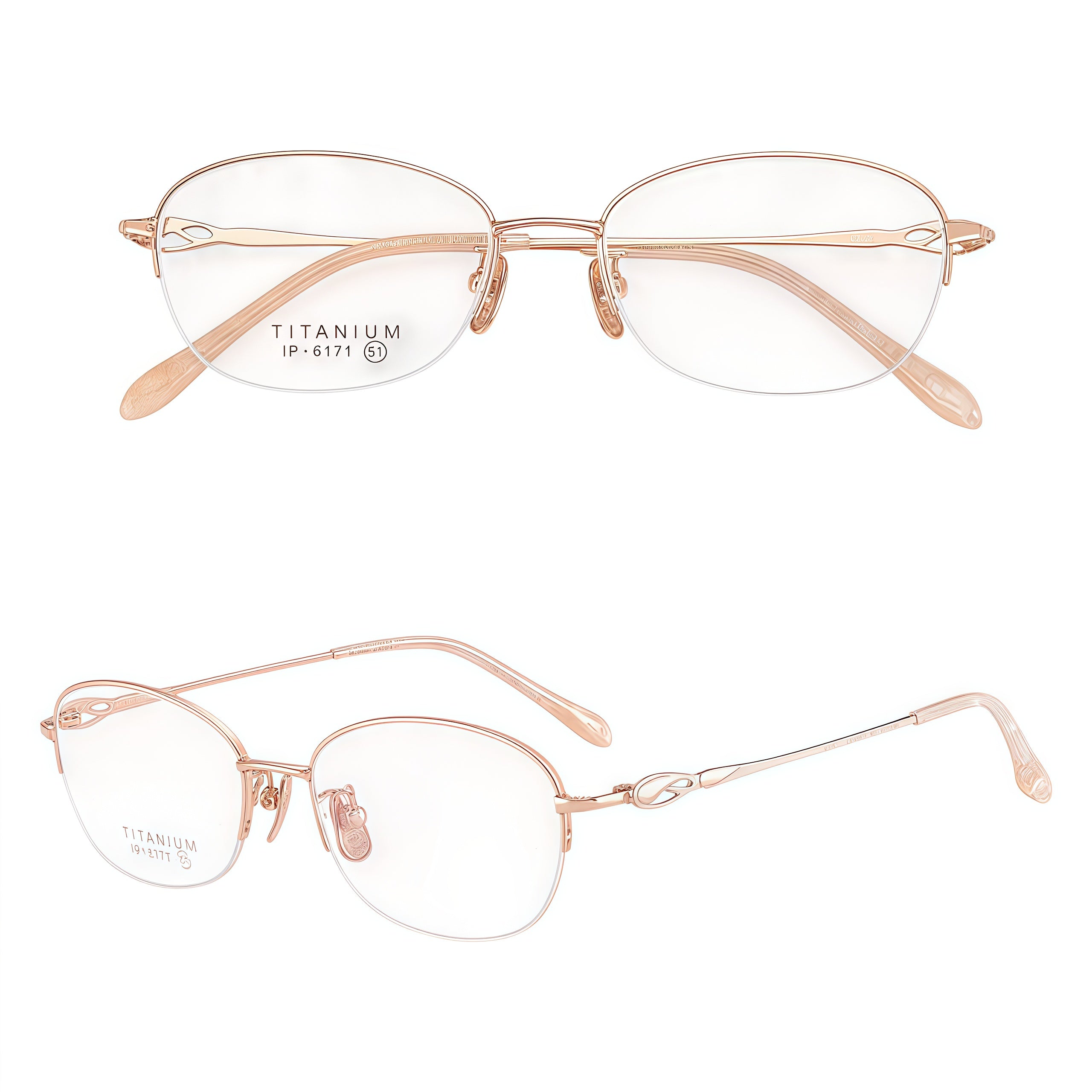 Rose Gold pure-titanium semi-rimless glasses, original front and 45-degree product views