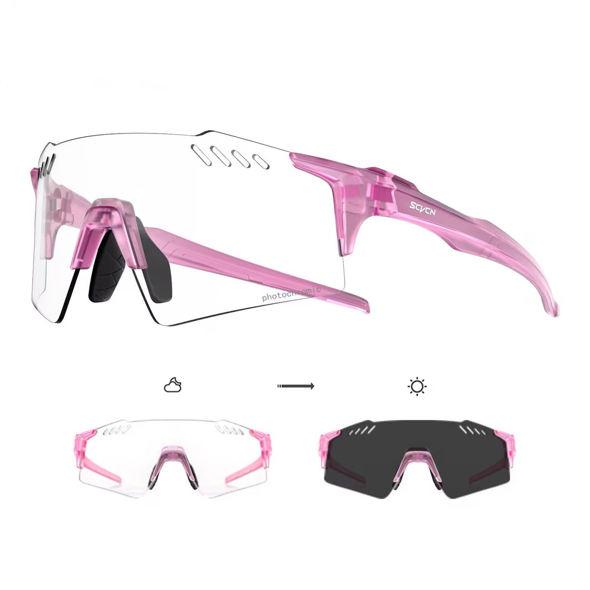 Pink Frame/Photochromic Grey Lens 45-degree product view of Protective Windproof Sports Sunglasses