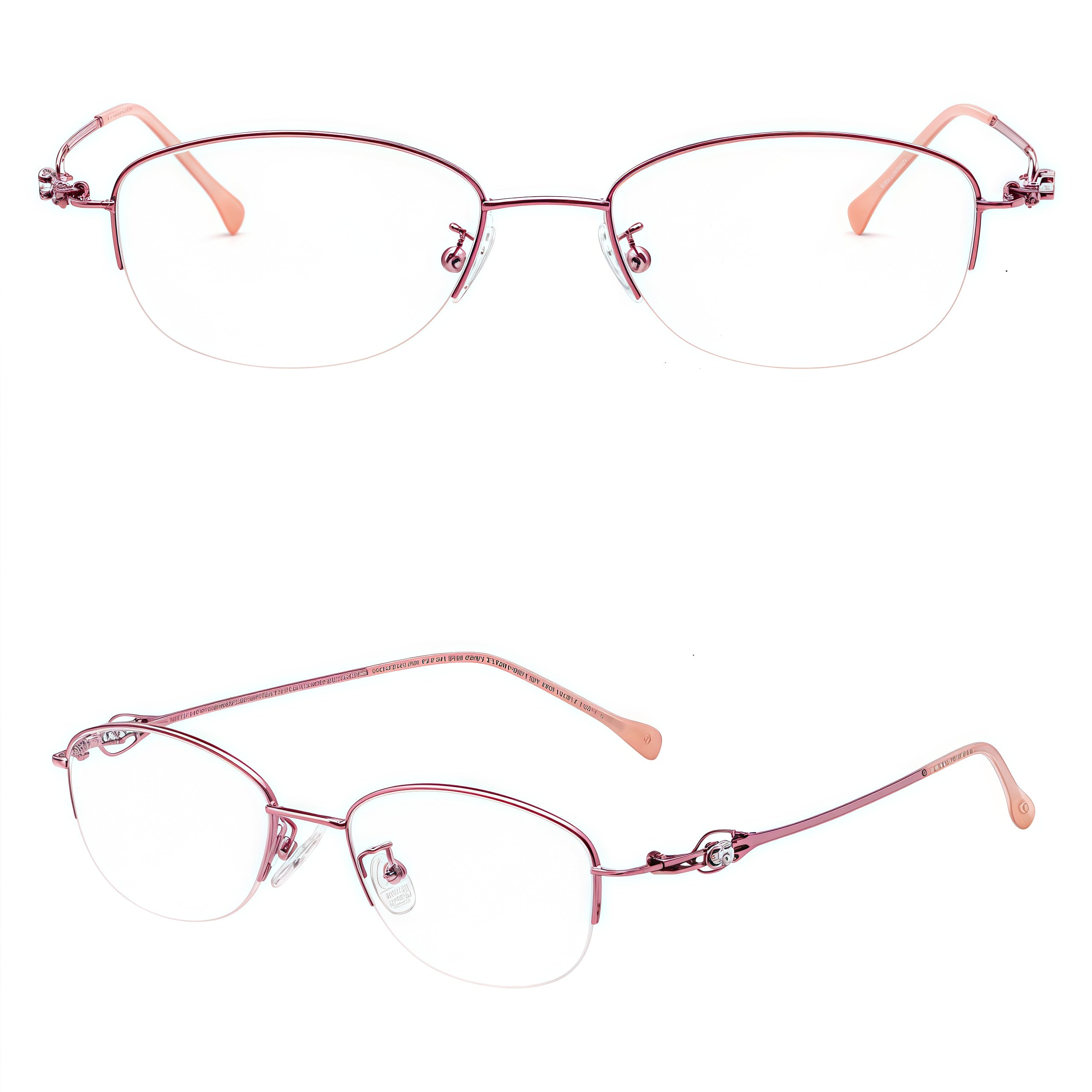 Pink alloy semi-rimless glasses, front and 45-degree composite detail