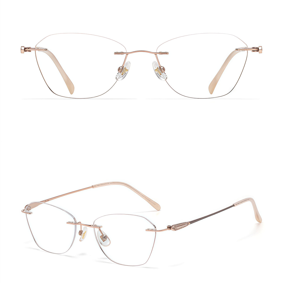 Rose Gold front and 45-degree product views of Timeless Vintage Minimalist Rimless Eyeglasses
