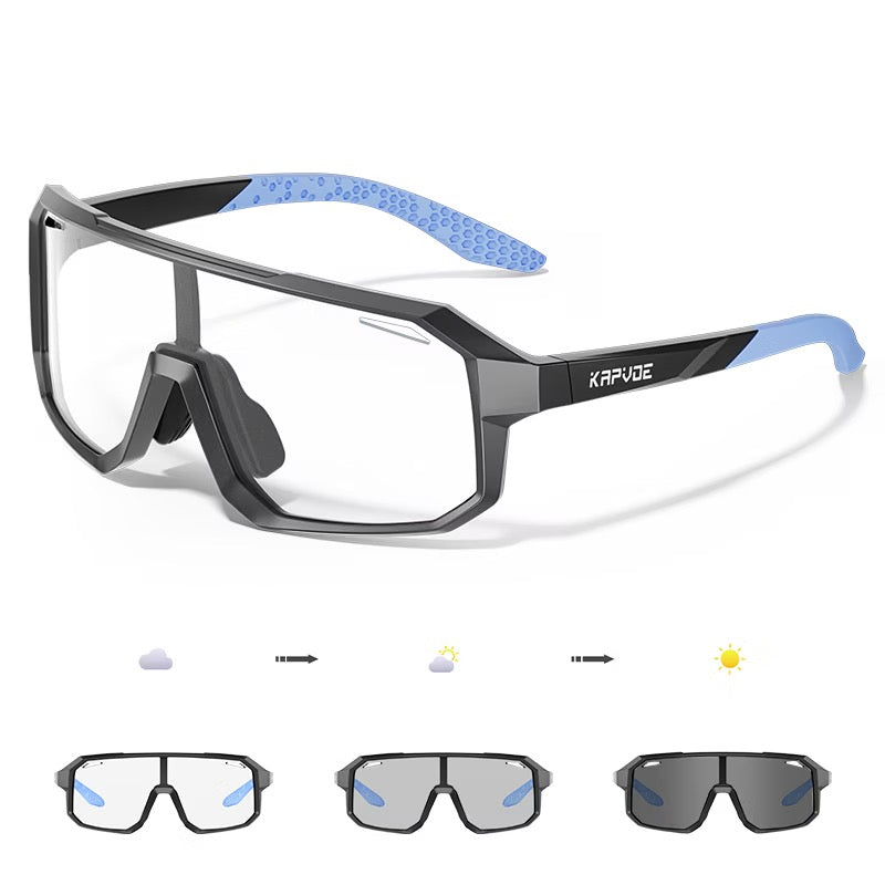 Matte Black TR90 full-rim photochromic sports sunglasses, colour and lens-state composite