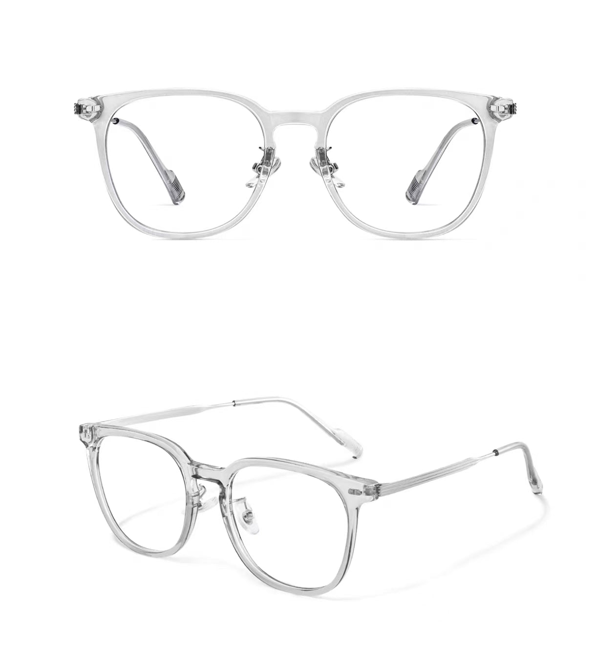 Crystal Gray square full-rim eyeglass frame, front and three-quarter product views