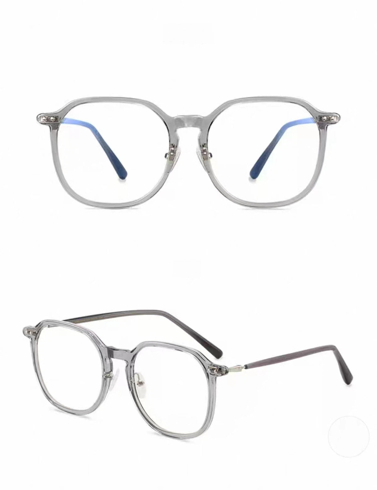 Crystal Gray unisex polycarbonate rounded full-rim glasses, original front-and-45-degree composite detail